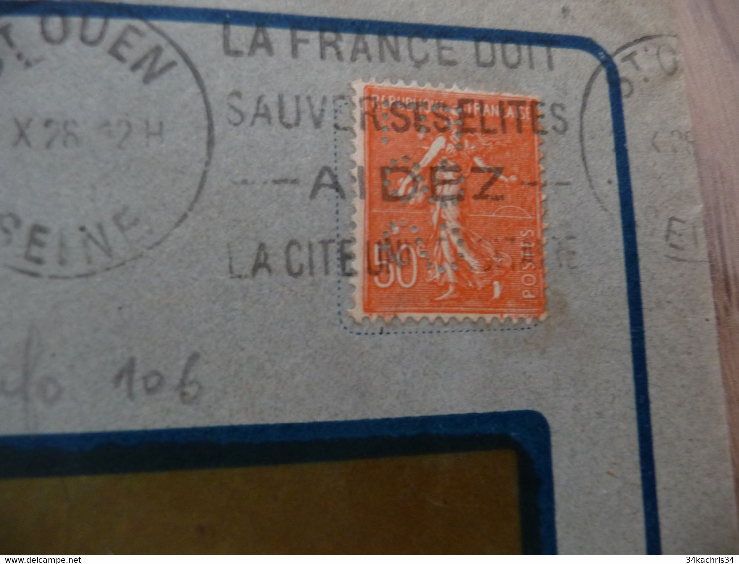 Lettre France Perforé Seul Sur Lettre établissement Siegel Saint Ouen 50c Rouge  Semeuse - Other & Unclassified