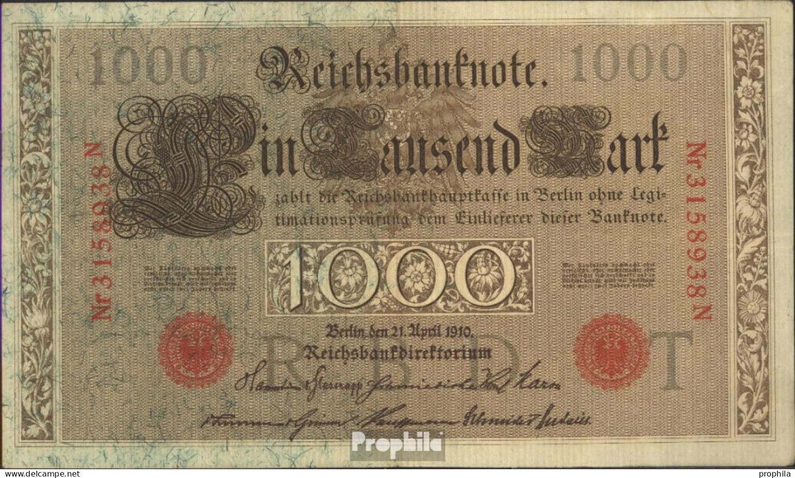 Deutsches Reich Rosenbg: 45b, Rotes Siegel 7stellige Kontrollnummer, 1917-11/1918 Gebraucht (III) 1910 1.000 Mark - 1000 Mark