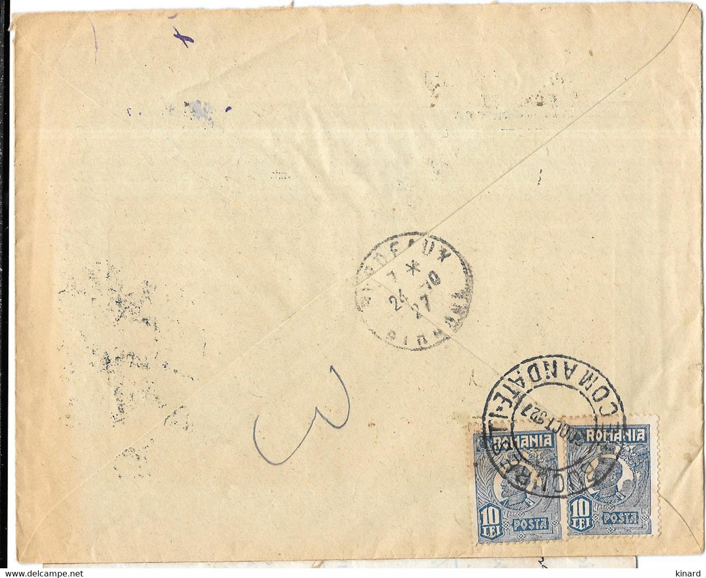 LETTRE RECOMMANDE  COMMERCIALE .ROUMANIE.  ADOLPHE  MÖRDLER BUCAREST . TIMBRES AU DOS..N°300 X 2 1927..TBE SCAN - Postmark Collection