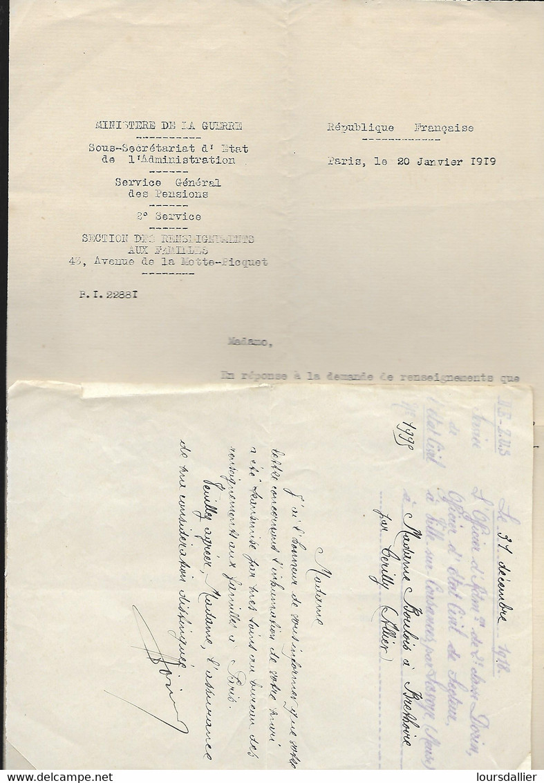 Lettre Ministère Guerre 20 01 1919 Repérages Des Tombes D'un Soldat BOULOIS Jean Baptiste Victor Du 66e Régiment D'infan - 1914-18