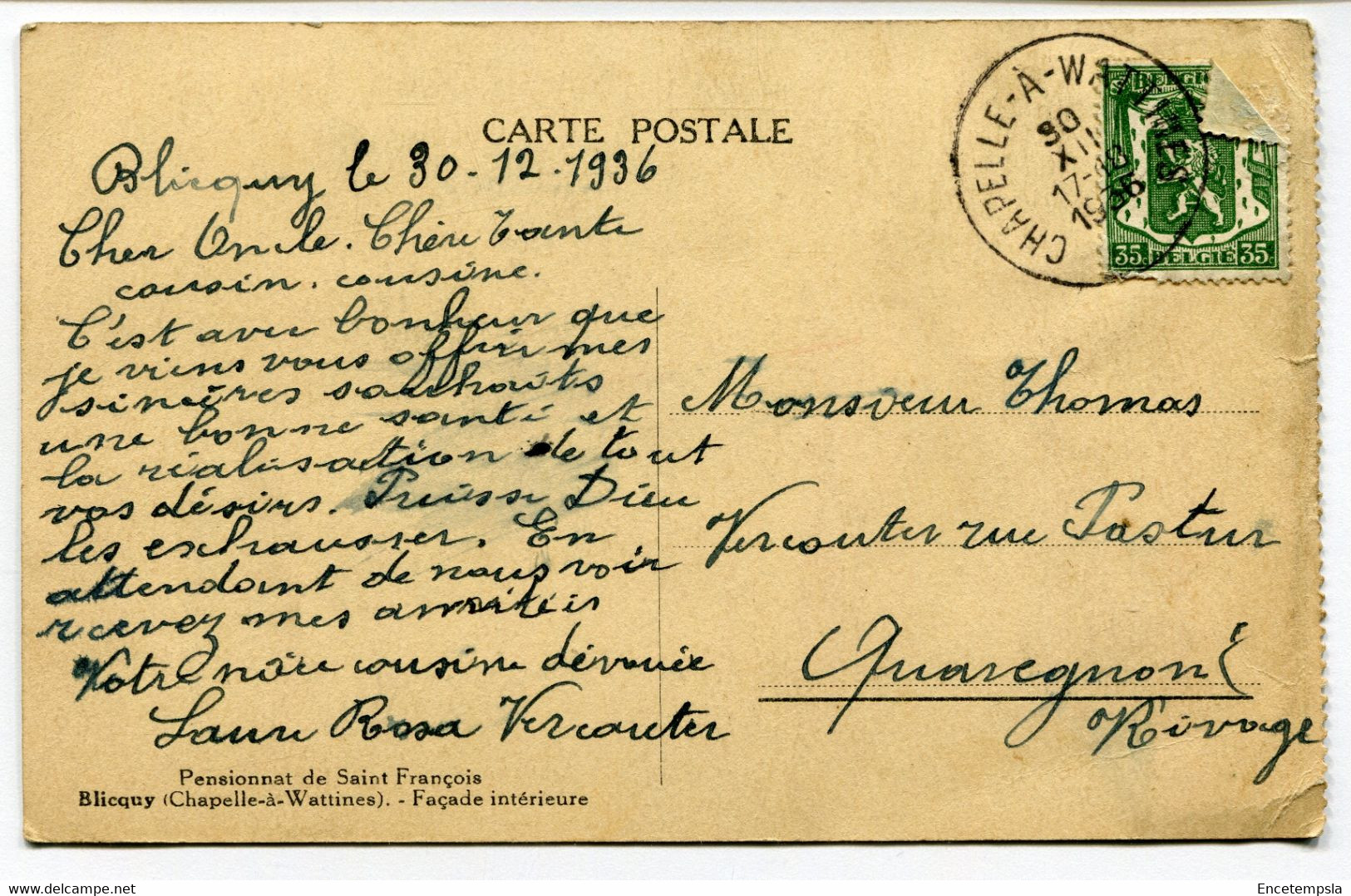 CPA - Carte Postale - Belgique - Blicquy - Pensionnat De Saint François - 1936 (D14830) - Les Bons Villers