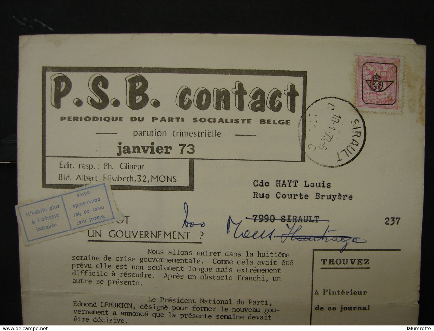 LetDoc. 505.  PO783  5c + Vignette N'habite Plus à L'adresse Indiquée. Oblitération Sirault 1973 - Typo Precancels 1967-85 (New Numerals)