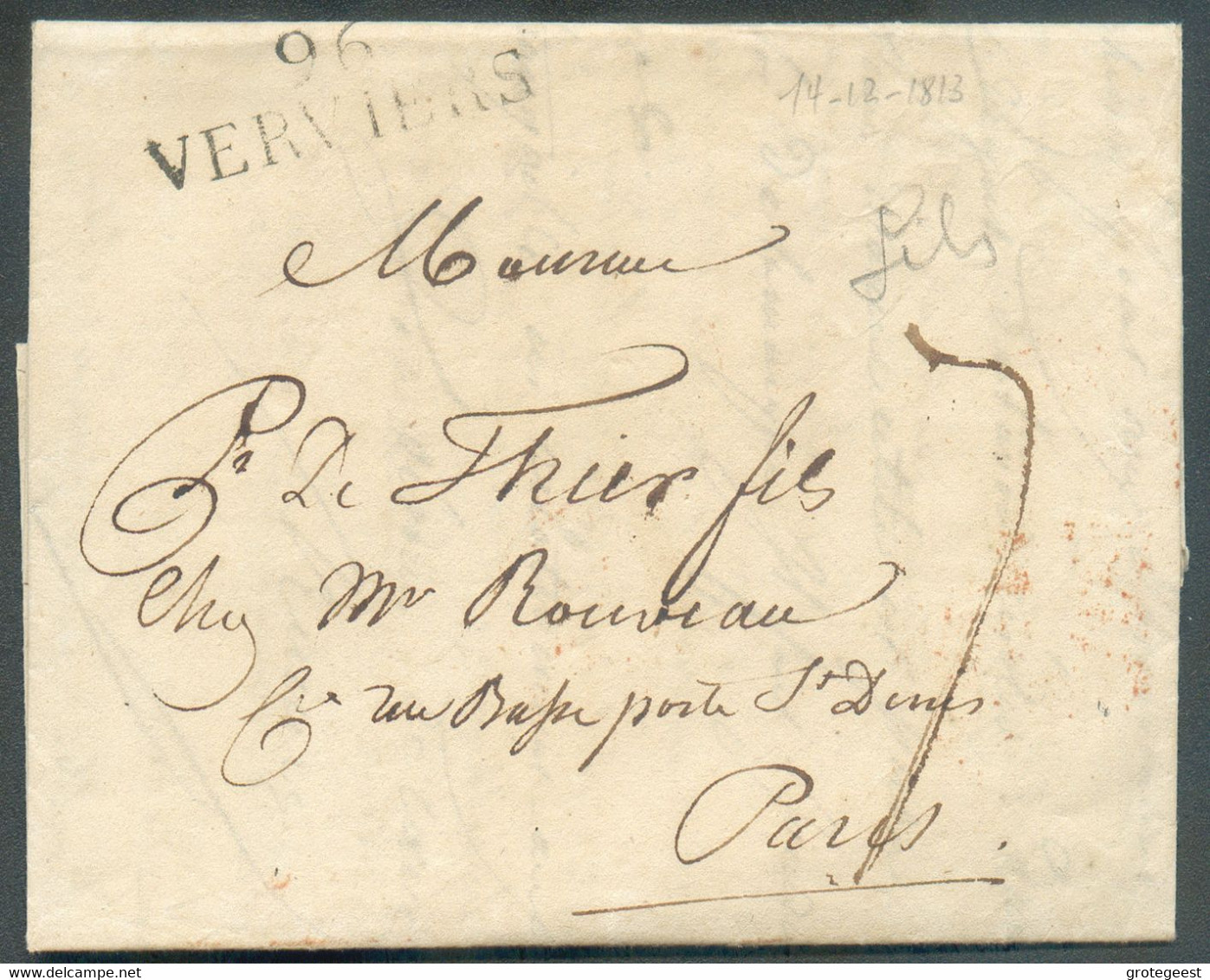 LAC De 96.VERVIERS Le 14 Décembre 1813 Vers Paris Et Port 7 Décimes.  - 16450 - 1794-1814 (French Period)