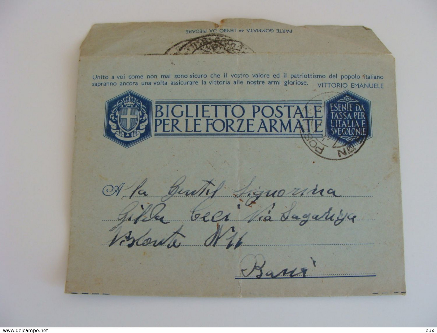 POSTA MILITARE  56/C   A BARI  Biglietto Postale Per Le Forze Armate - Marcofilie (Zeppelin)