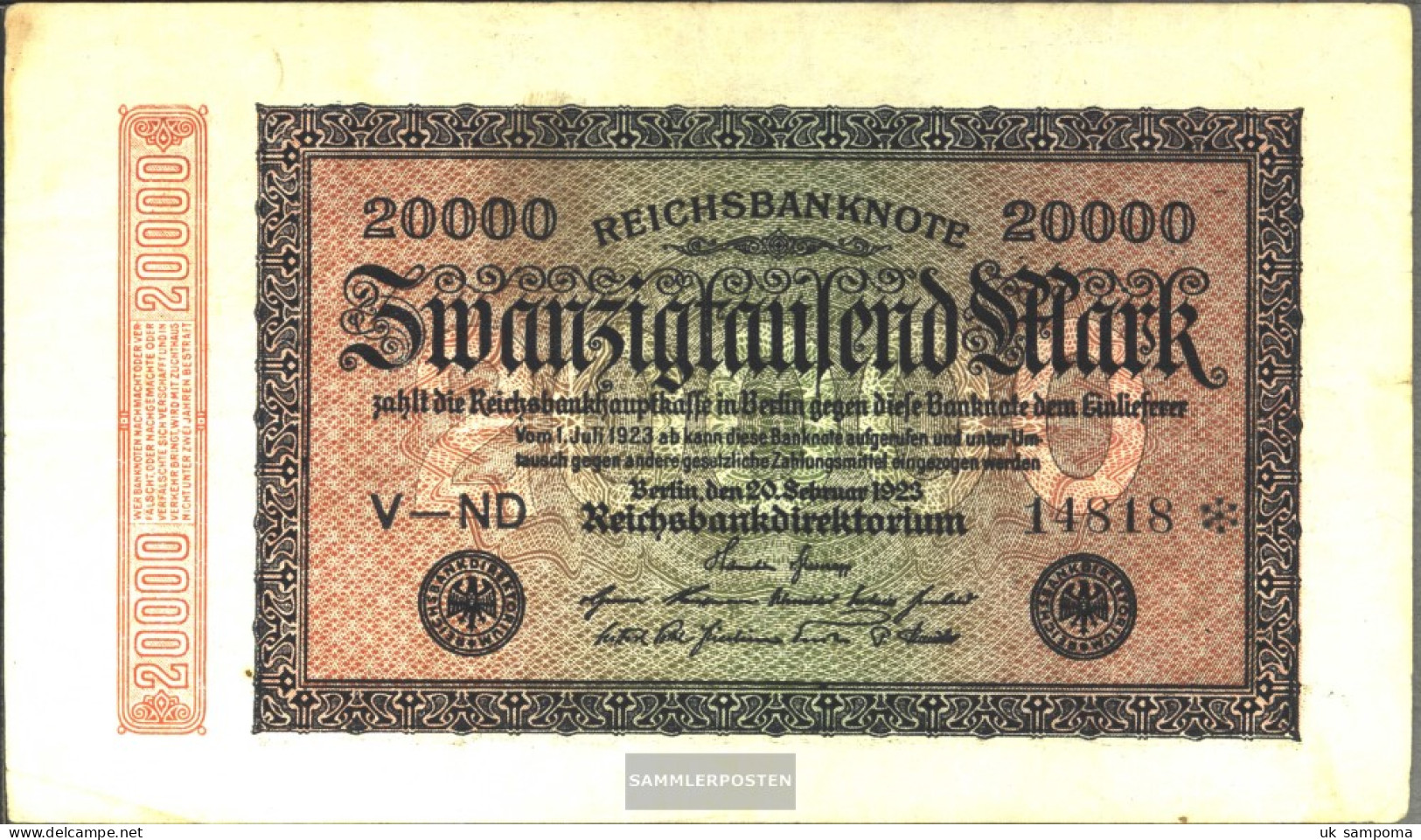 German Empire Rosenbg: 84a, Watermark Rings 5stellige Kontrollnummer Used (III) 1923 20.000 Mark - 20000 Mark