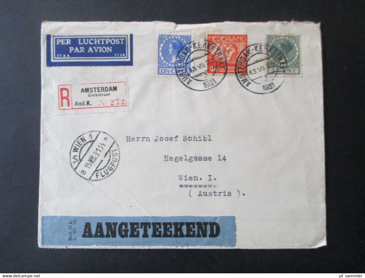 Niederlande 1931 Einschreiben Luftpost Amsterdam Kerkstraat - Wien Rücks. Aufkleber K.L.M. Royal Dutch Air Lines Holland - Lettres & Documents