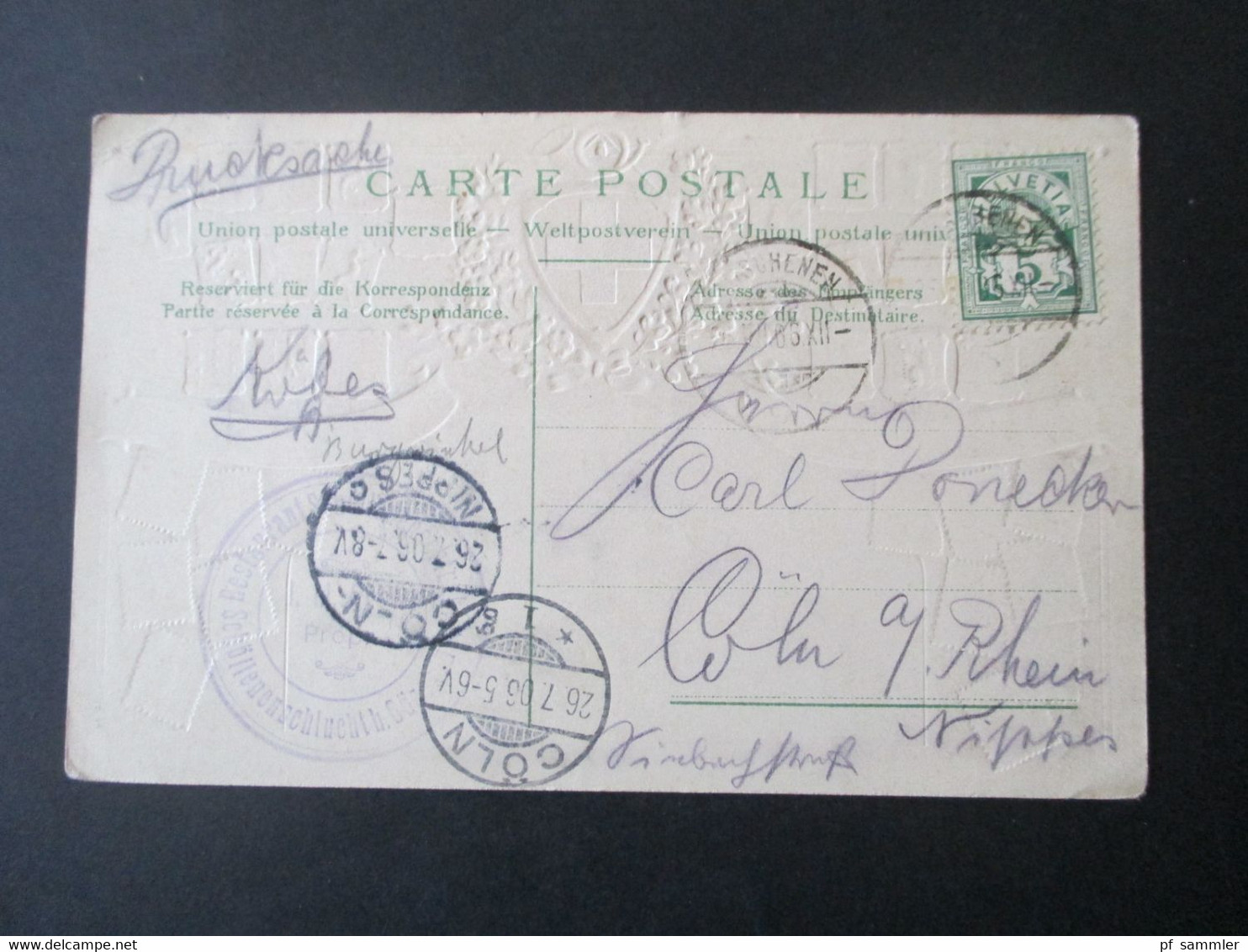 AK 1905 Reliefkarte / Präge AK Schweiz Alpenpost Mit Stempel Vom Restaurant In Der Schöllenschlucht Nach Cöln Nippes - Post & Briefboten