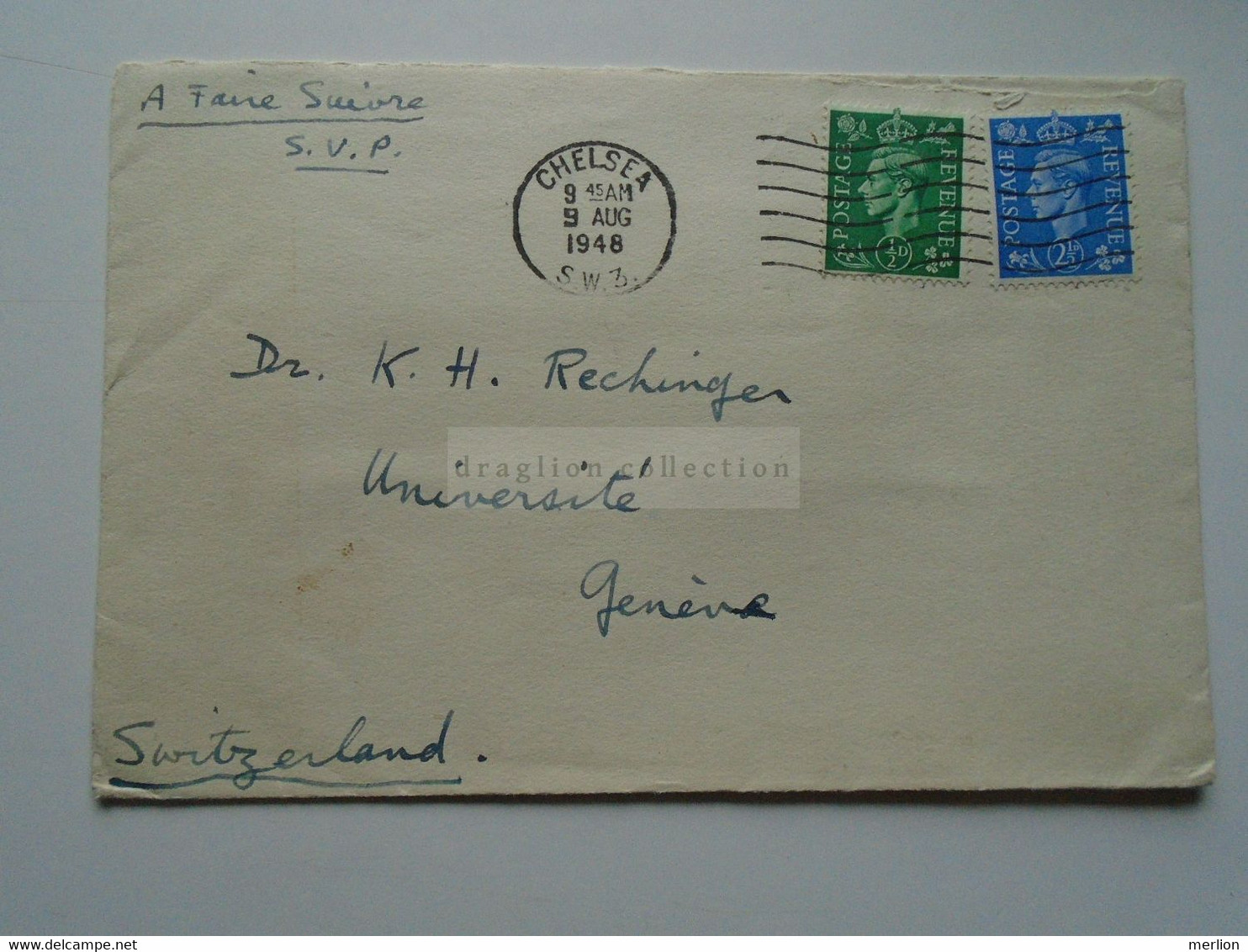 D175845 UK Cover Cancel Chelsea 1948  -to Dr. K.H. Rechinger, Université Geneve Switzerland - Briefe U. Dokumente
