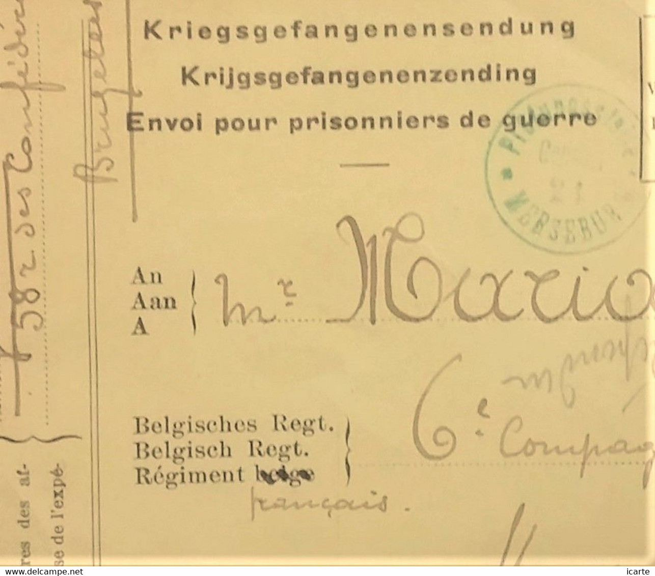 CP Spéciale Pour Prisonnier De Guerre Belge Utilisée De Bruxelles Vers Prisonnier Français Camp De MERSEBURG Janv 1918 - Prisoners