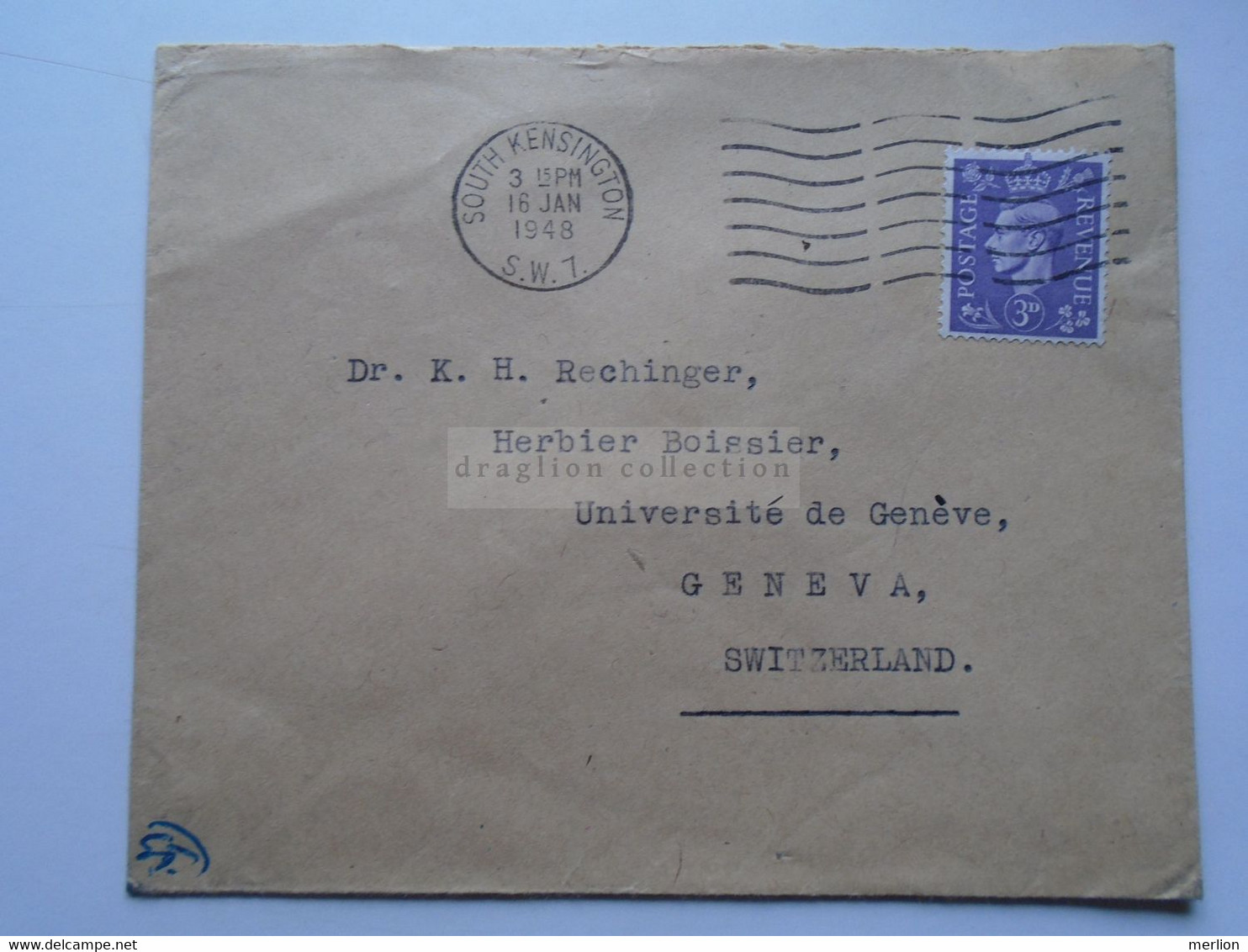 D175851 UK   Cover South Kensington    1948  - Sent To  Dr. K.H. Rechinger, Université Geneve Switzerland - Briefe U. Dokumente