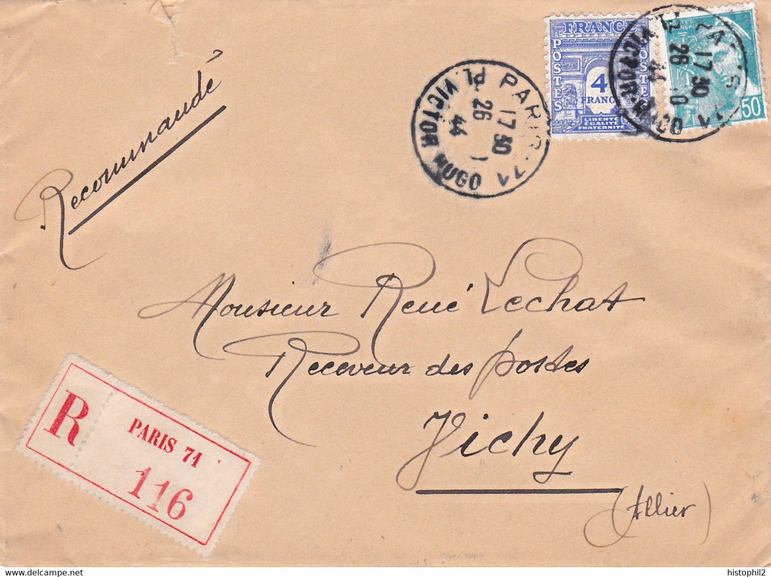 4F Arc De Triomphe Et 50c Mercure LR Paris 26 10 1944 Pour Le Receveur Des Postes De Vichy - 1944-45 Arc De Triomphe