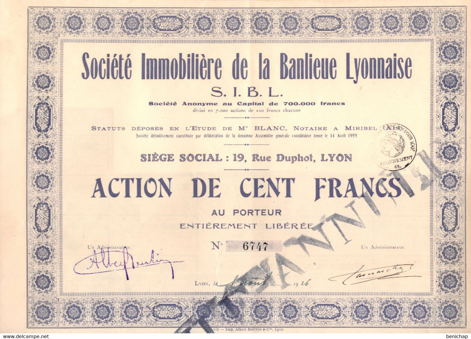 Action De 100 Frcs Au Porteur - Société Immobilière De La Banlieue Lyonnaise S.I.B.L. Lyon - 1926. - Bank & Insurance