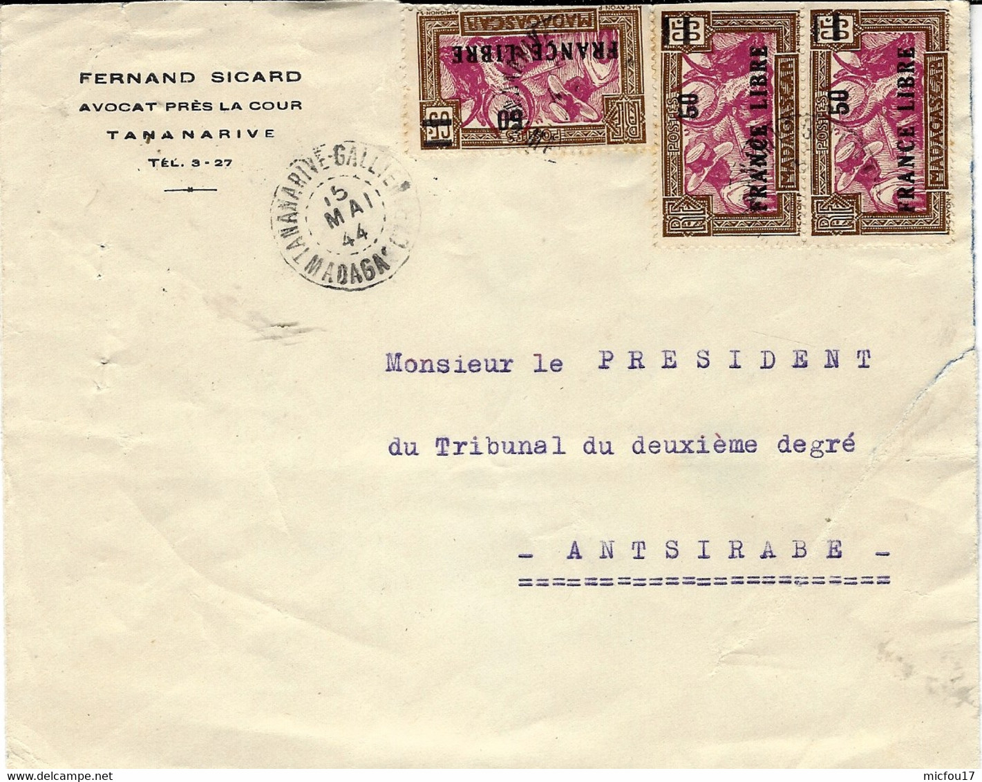 1944- Enveloppe  De Tananarive Pour Antsirabe  Affr. FRANCE LIBRE  N°239 X 3  Courrier Local - Other & Unclassified