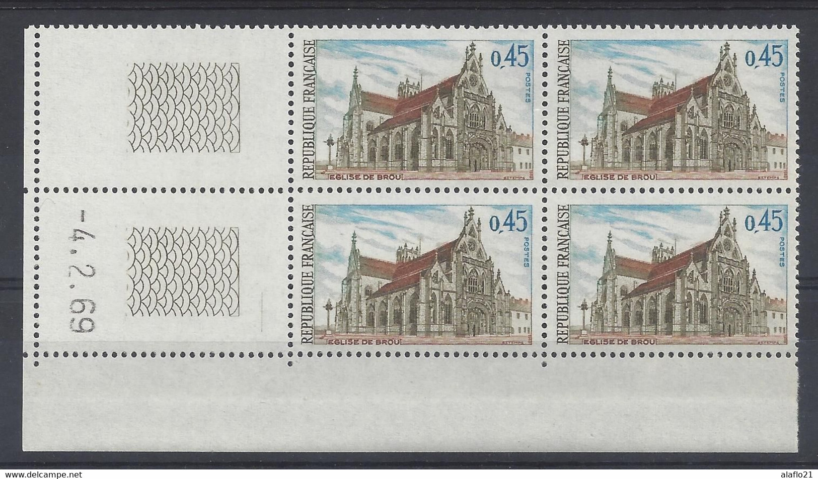 EGLISE De BROU N° 1582 - Bloc De 4 COIN DATE - NEUF SANS CHARNIERE - 4/2/69 1 Trait - 1960-1969