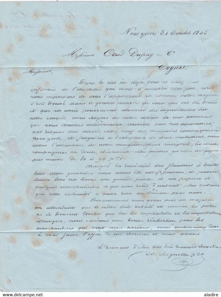 1845 - Lettre pliée en français de New York, USA vers Cognac, France via Liverpool & Boulogne - cad arrivée - T 14