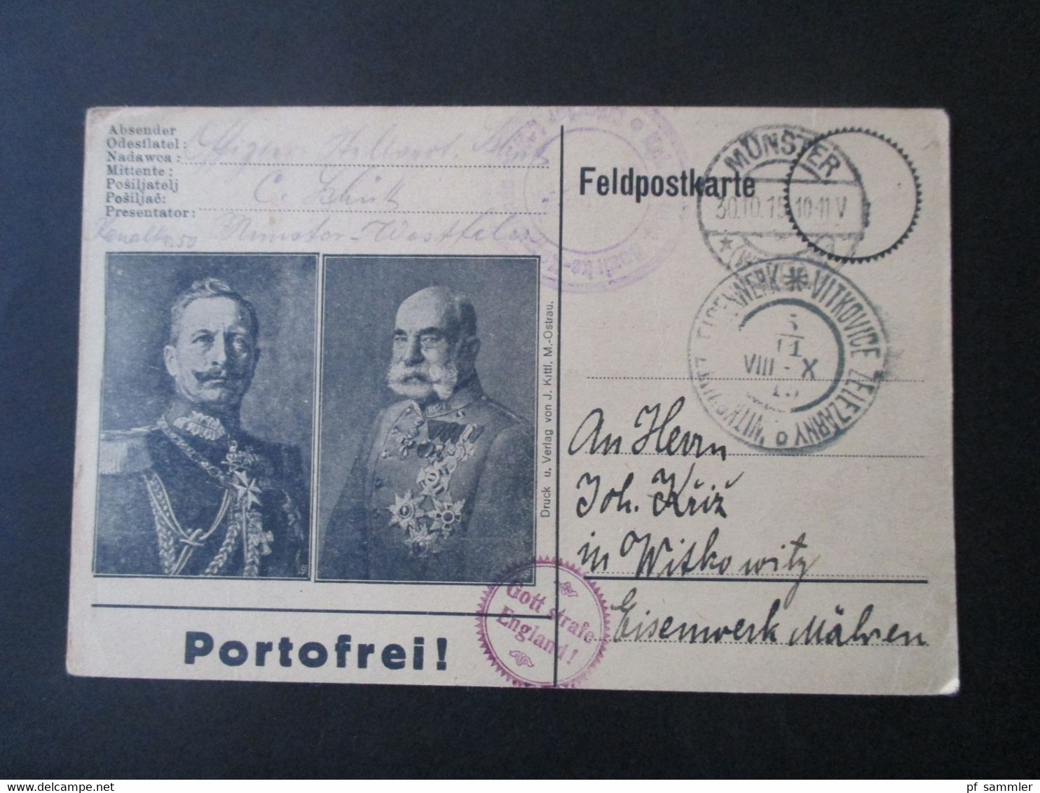 1915 Österreich  FP AK Aus Münster (Westf) Nach Mähren Witkowitz Propagandastempel Gott Strafe Endland / Gottes Fluch - Bosnia Herzegovina