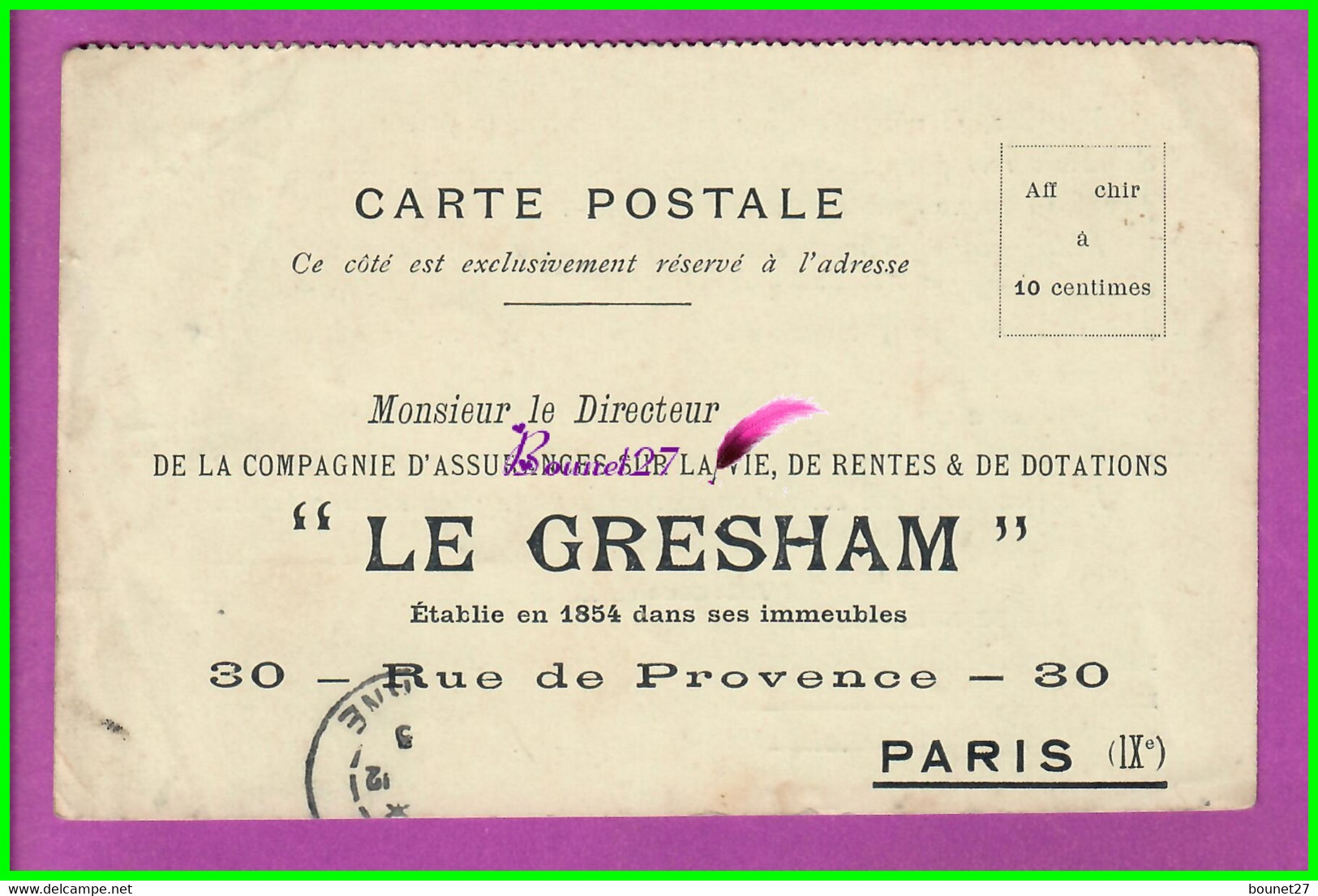 Carte Postale Publicitaire  " LE GRSHAM " Compagnie D'assurance Sur La Vie De Rentes Et Dotations - Banques