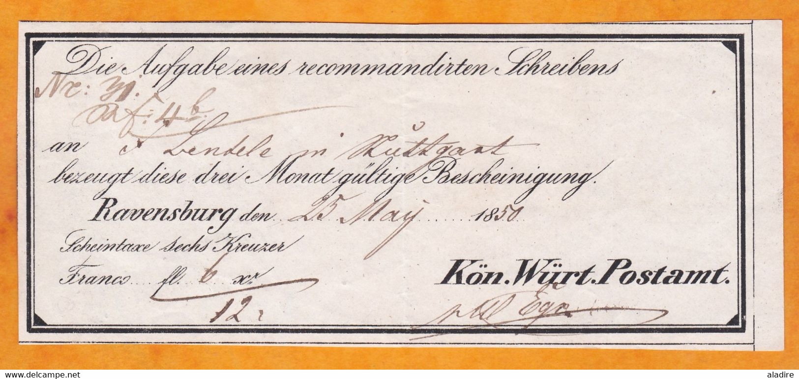 1850 - Postbeleg - Reçu Postal - Wurtenberg - Stuttgart - Ravensburg - [Voorlopers