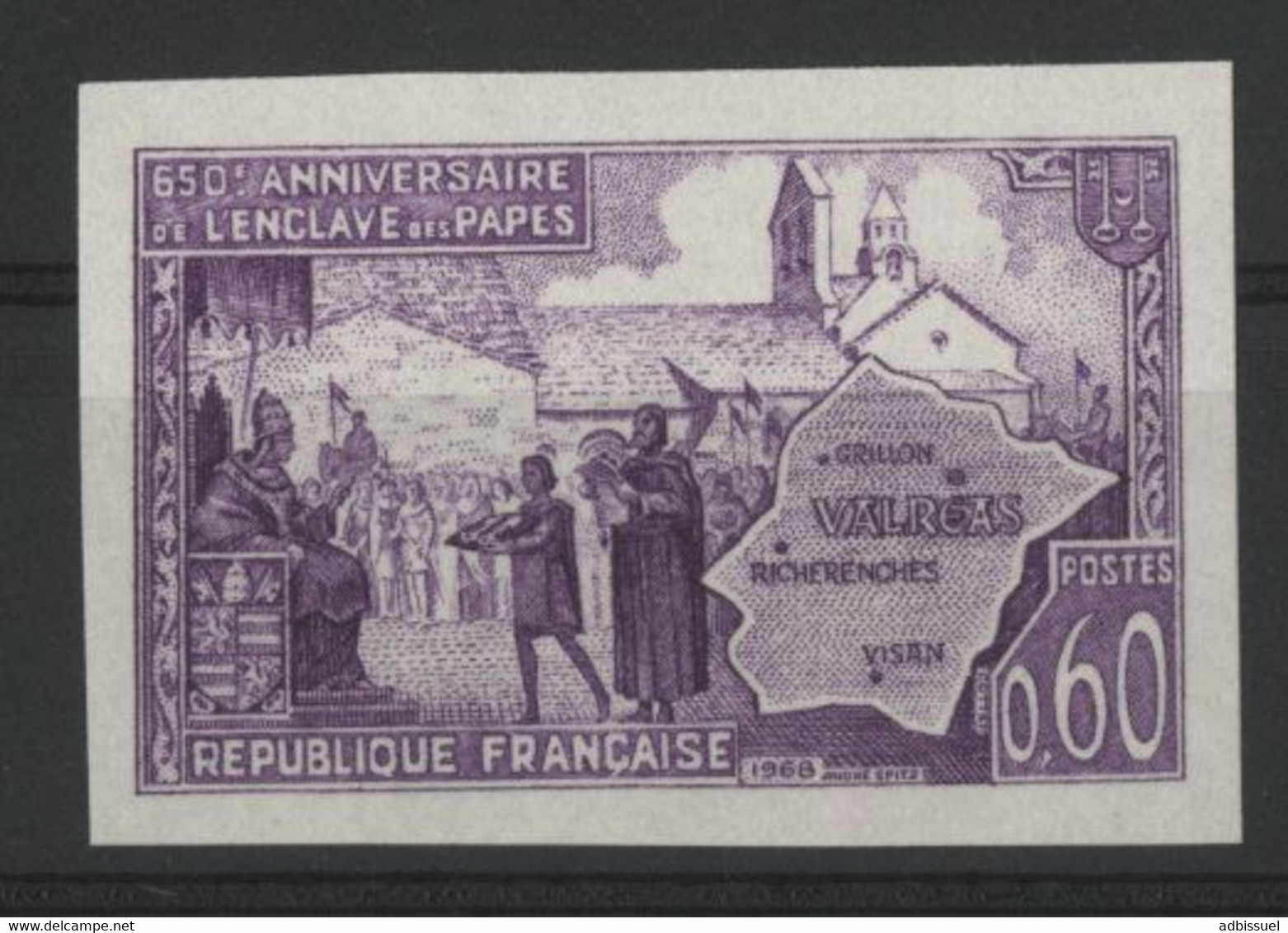 N° 1562 ESSAI NON DENTELE Enclave Papale De VALREAS. 60ct Violet. Neuf ** (MNH). TB - Essais De Couleur 1945-…