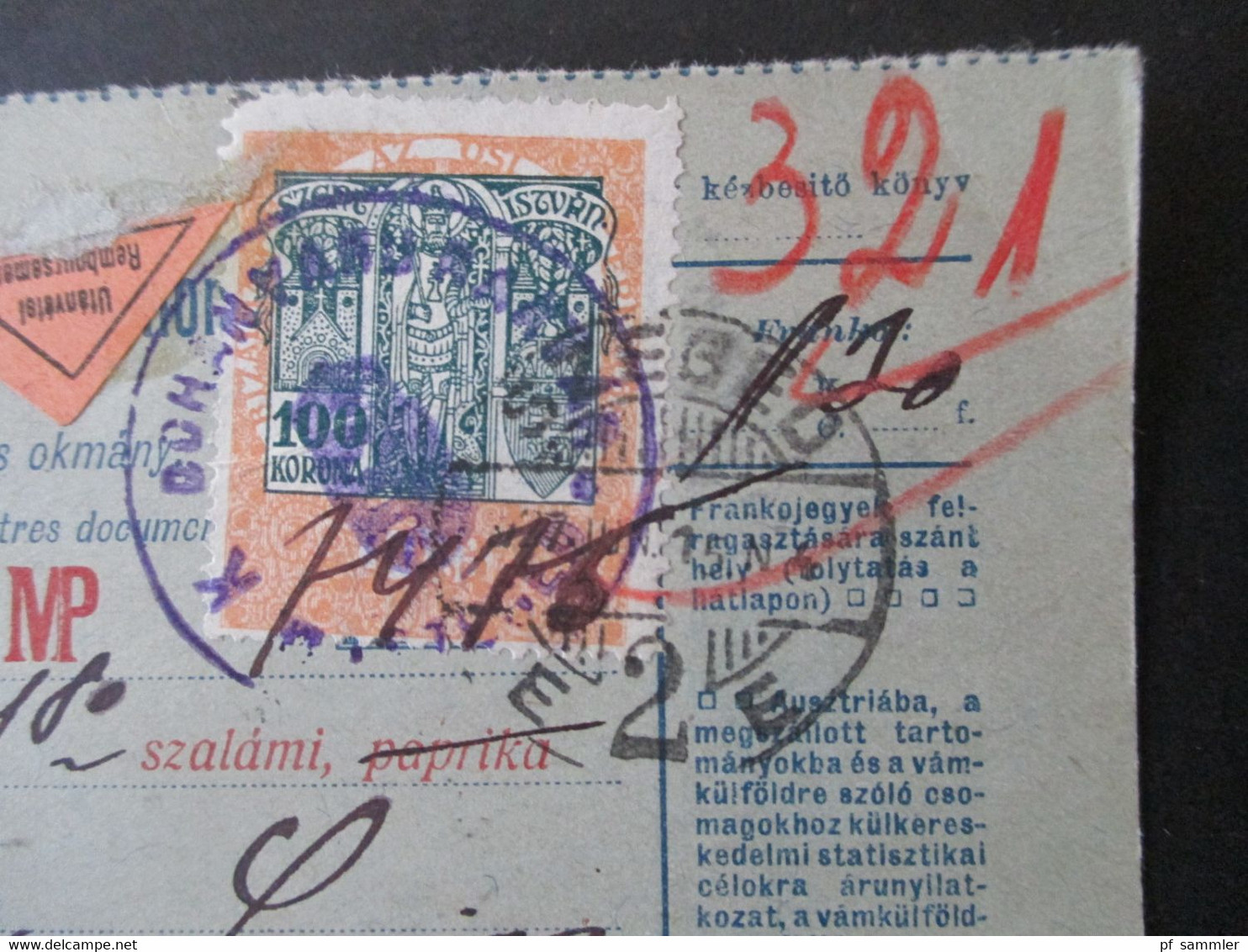 Ungarn 1927 Paketkarte Nachnahme Remboursement Mit Fiskalmarke Und Rotem Stempel Keszpenzzel Bermentesitive Szeged 2 - Brieven En Documenten