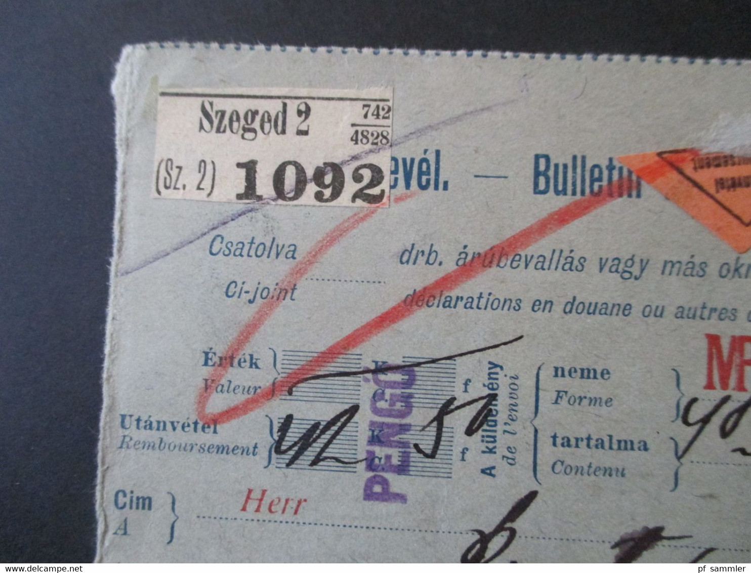 Ungarn 1927 Paketkarte Nachnahme Remboursement Mit Fiskalmarke Und Rotem Stempel Keszpenzzel Bermentesitive Szeged 2 - Brieven En Documenten