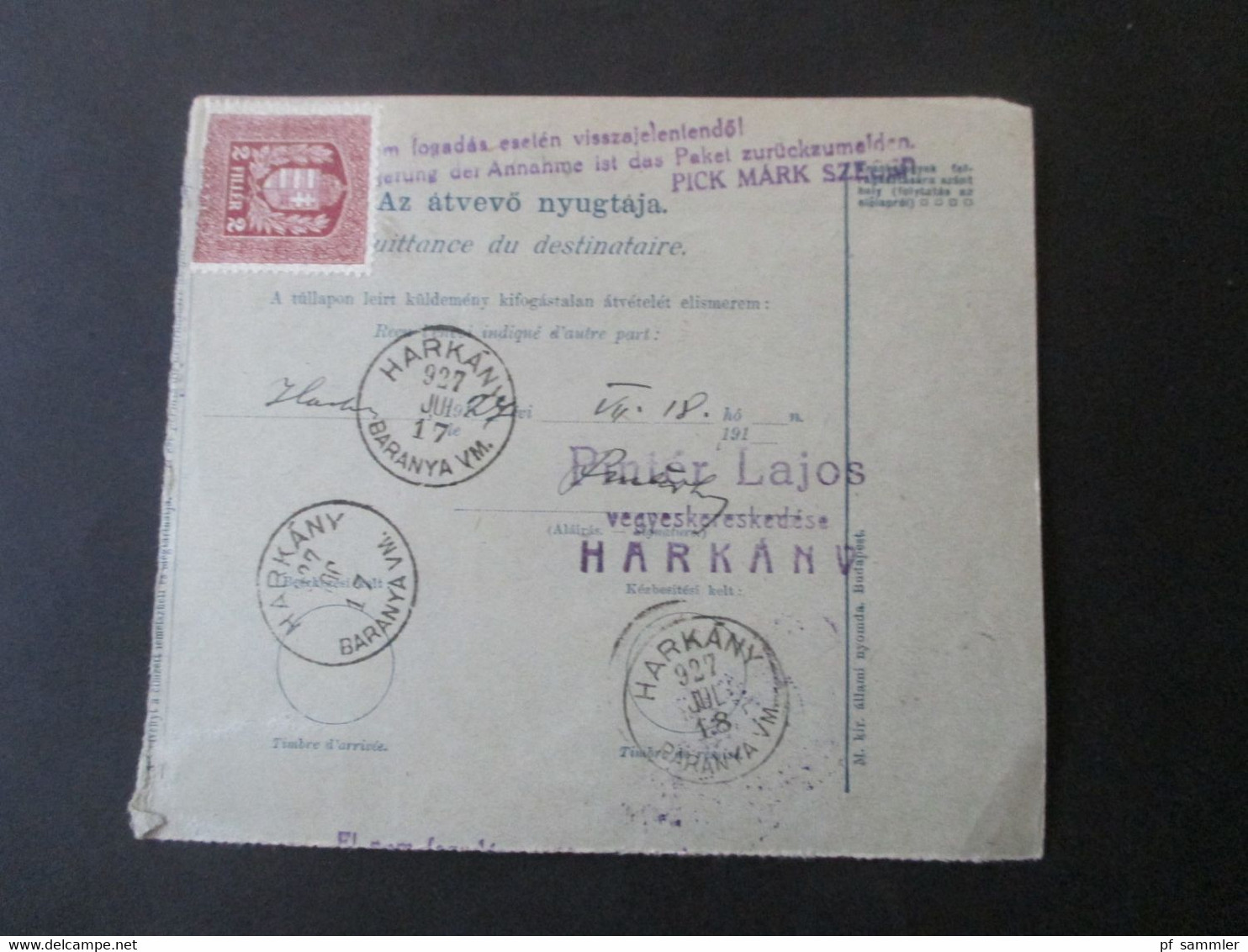 Ungarn 1927 Paketkarte Nachnahme Remboursement mit Fiskalmarke und rotem Stempel Keszpenzzel Bermentesitive Szeged 2