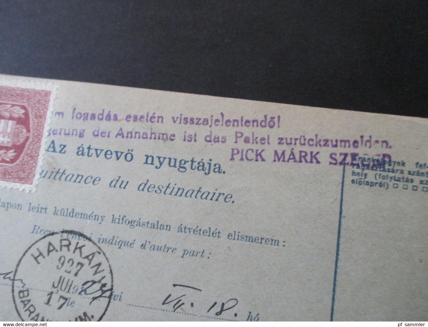 Ungarn 1927 Paketkarte Nachnahme Remboursement mit Fiskalmarke und rotem Stempel Keszpenzzel Bermentesitive Szeged 2