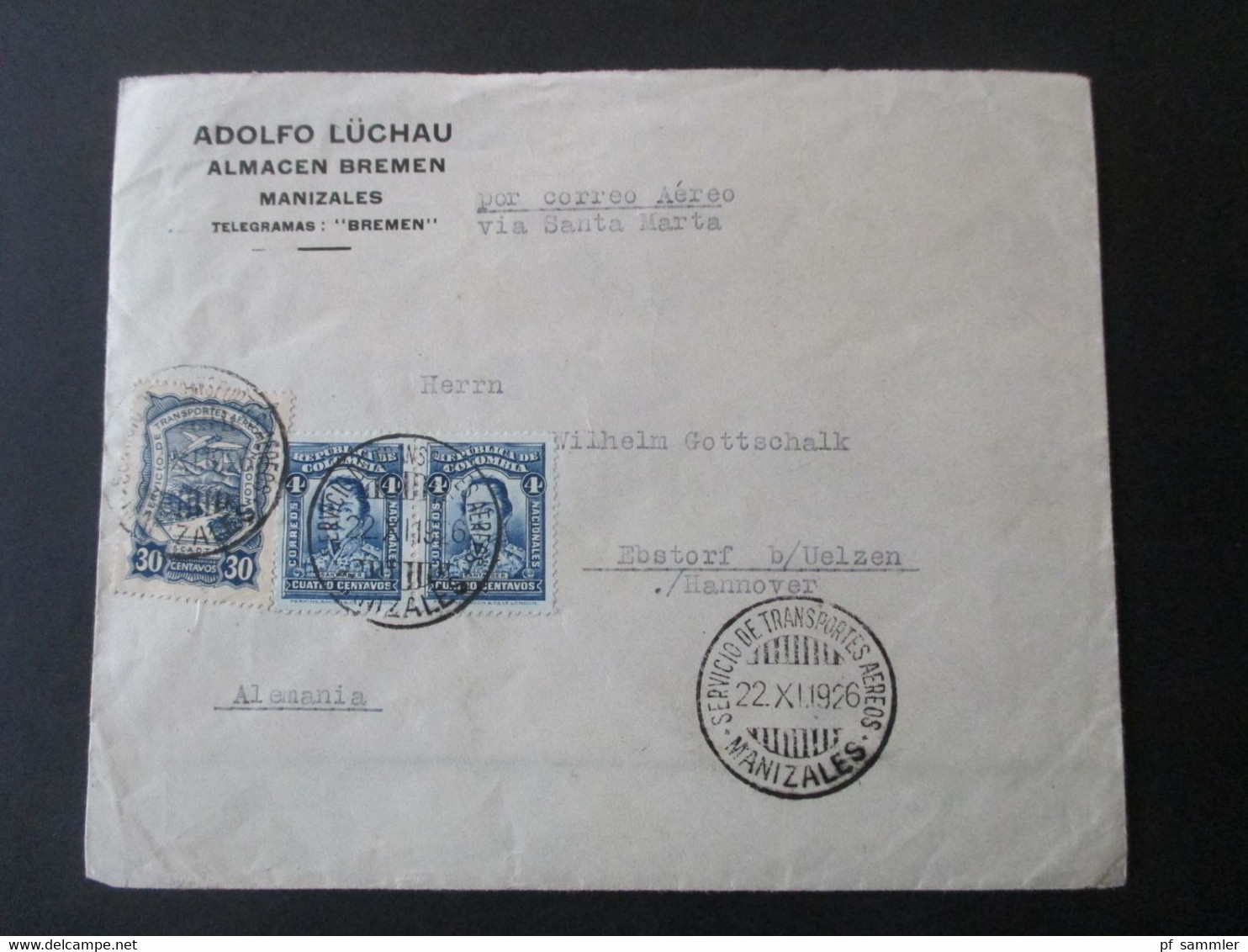 Kolumbien 1926 SCADTA Nr. 33 Luftpost / Air Mail Via Santa Marta Stempel Servicio De Transportes Aeros Manizales Nach Eb - Kolumbien