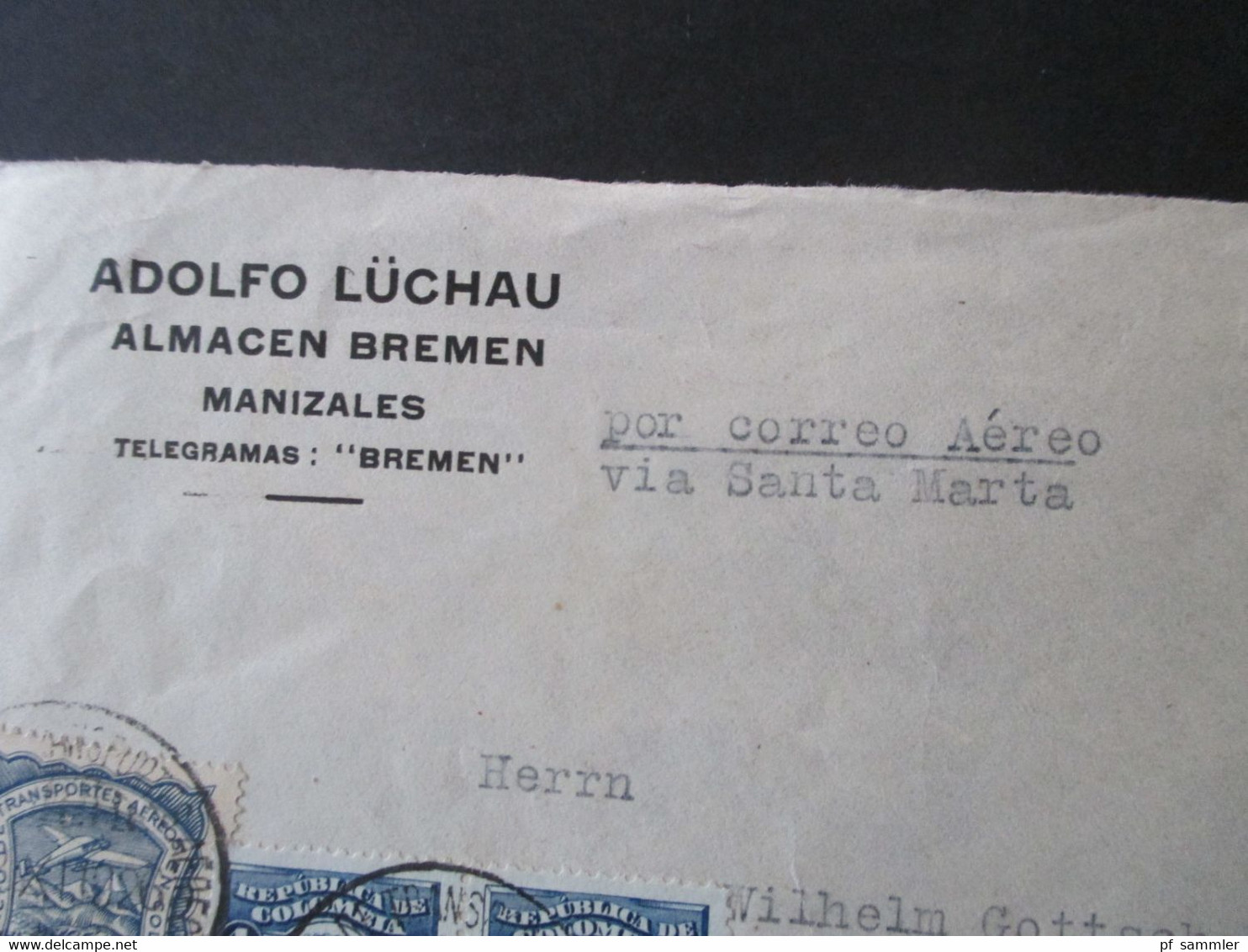 Kolumbien 1926 SCADTA Nr. 33 Luftpost / Air Mail Via Santa Marta Stempel Servicio De Transportes Aeros Manizales Nach Eb - Colombia