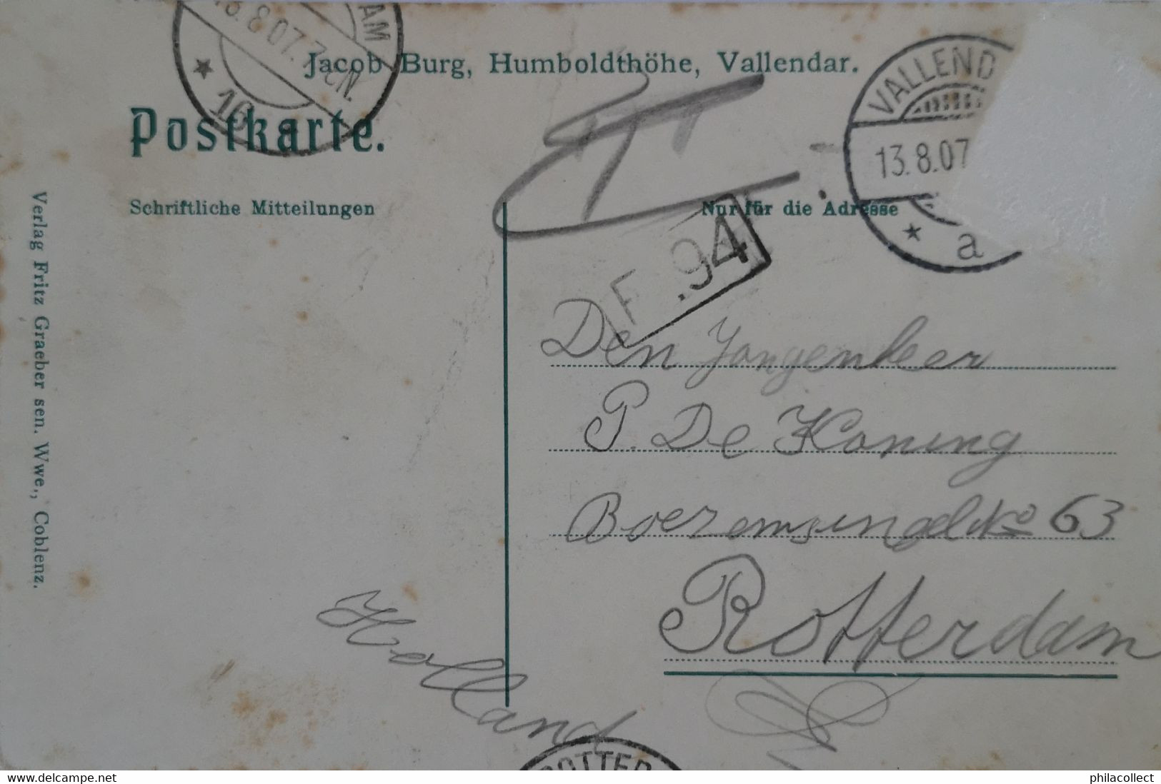 Bei Vallendar // Gruss Von Der Humboldthohe 1907 Fleckig Und Briefmarke Schlecht Entfernt - Otros & Sin Clasificación