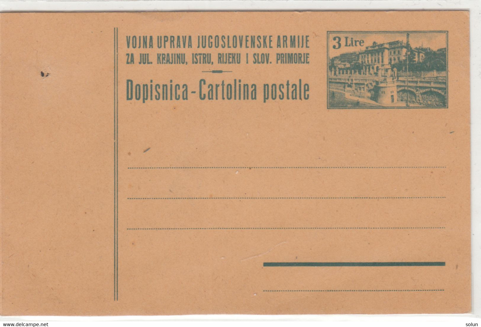 ITALY YUGOSLAVIA TRIESTE ZONA B STT VUJNA DOPISNICA CARTOLINA POSTALE 3 LIRE ZA JUL.KRAJINU,ISTRU,RIJEKU I SLOV.PROMORJE - Storia Postale