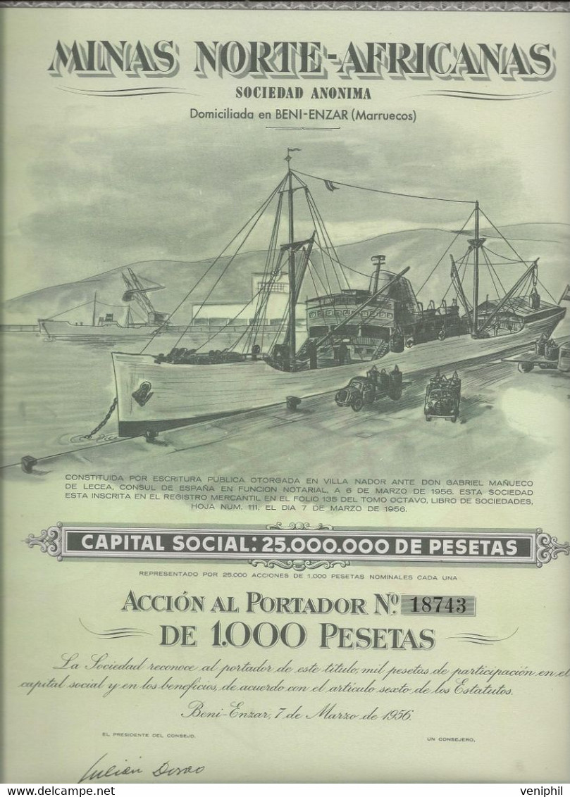 ACTION ILLUSTREE DE 1000 PESETAS -MINES NORD AFRICAINE - BENI-ENZAR -MAROC- ANNEE 1956 - Mines