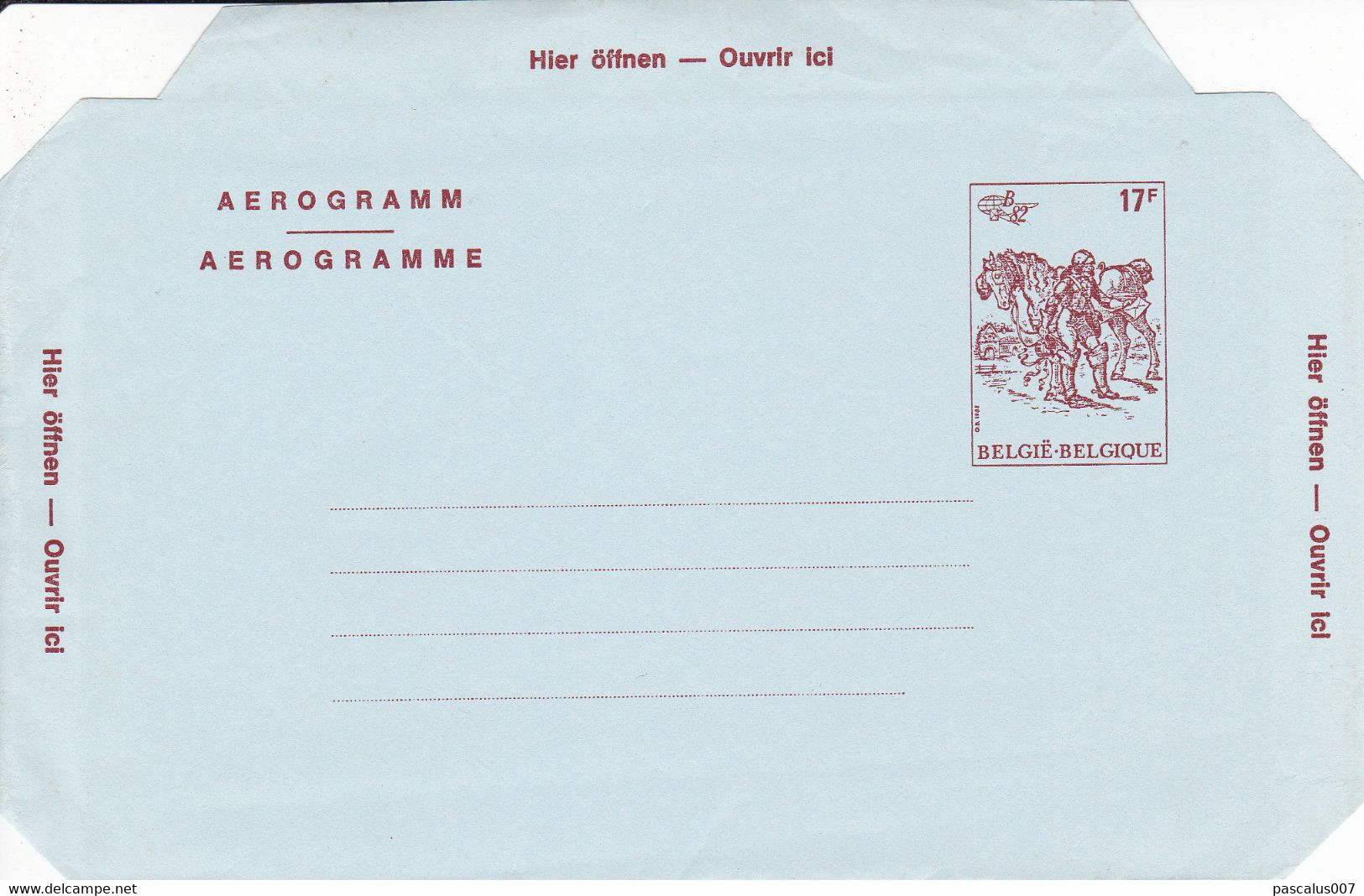 B01-212 P147-019IV - Entier Postal - Aérogramme N°19 IV (AF) Belgica 1982 17 F Représentation Du Cob 2074 Estafette. - Luchtpostbladen