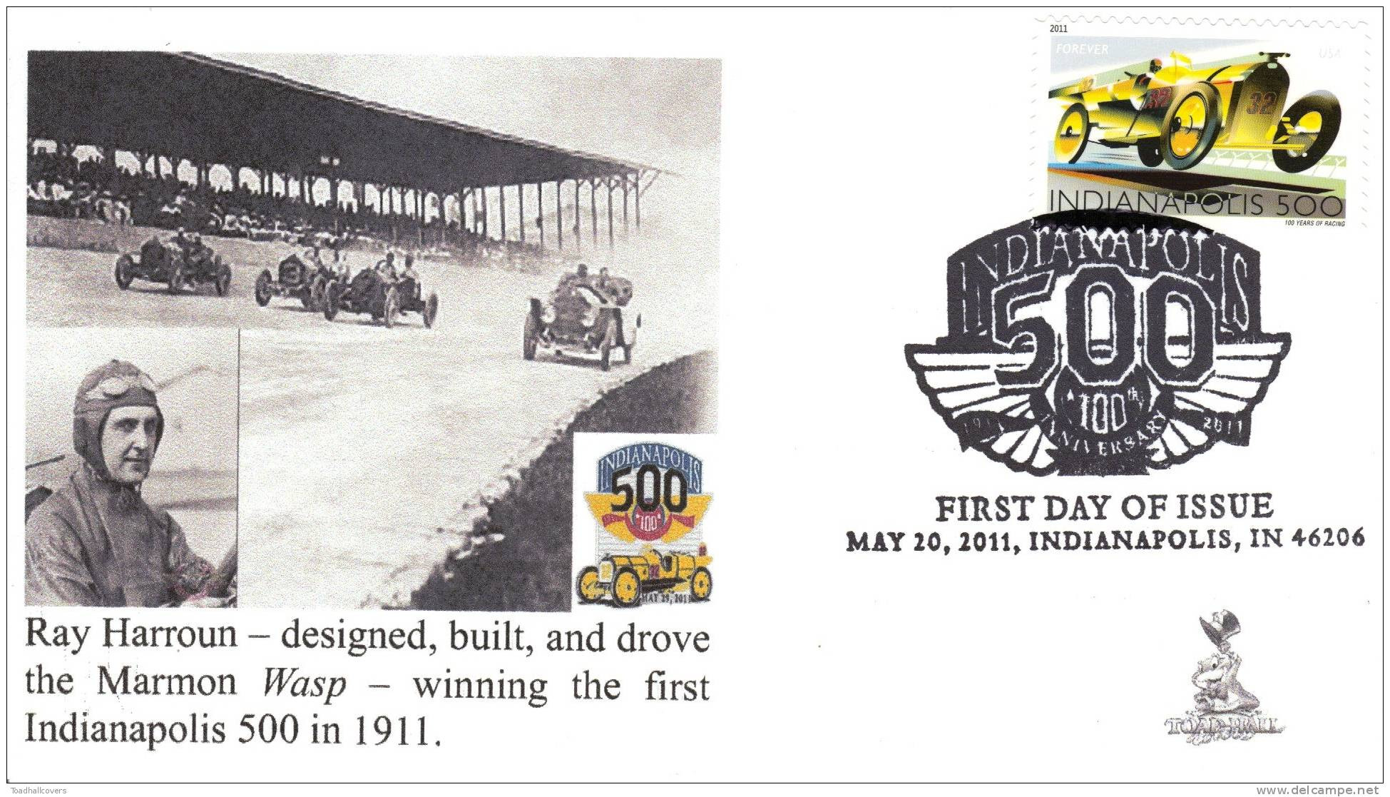 Indy 500 100th Anniversary First Day Cover, W/ B&w Pictorial Cancel, From Toad Hall Covers!  #1 - 2011-...