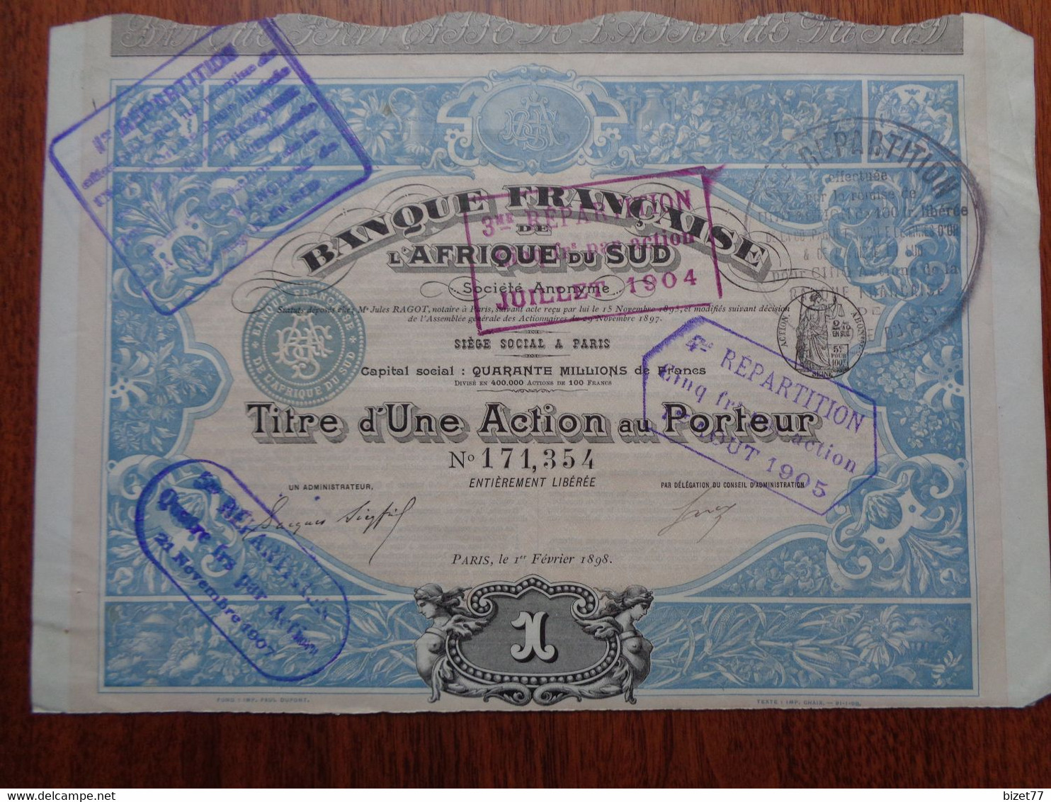 AFRIQUE DU SUD - LOT 2 TITRES - BANQUE FRANCAISE DE L'AFRIQUE DU SUD - TITRE DE 1 ACTION  DE 100 FRS - PARIS 1898 - Other & Unclassified
