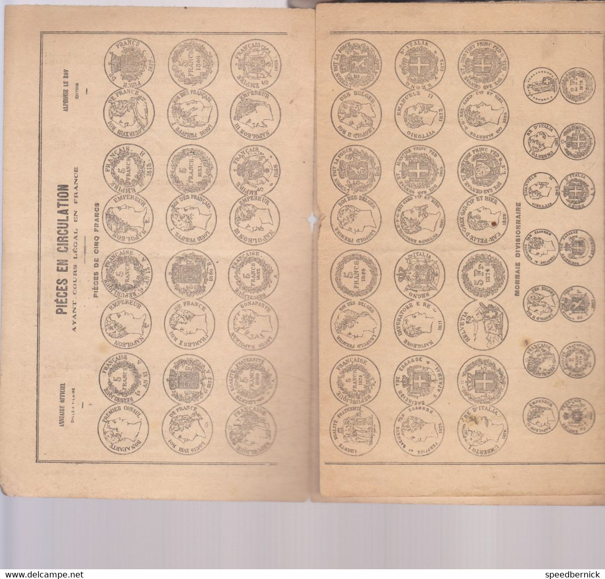 28040 Depliant TABLEAU Monnaies Françaises étrangères Legal (avant 1894) Valeur Francs -Imprimeur ROY RENNES 35 - Libri & Software