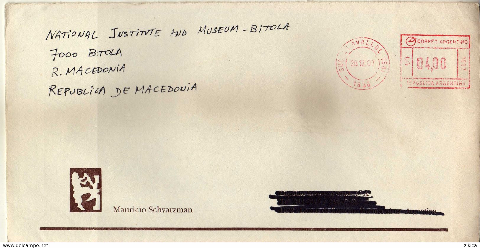 Argentina Cover Mauricio Schvarzman Via Macedonia 2007.meter Stamp - Cartas & Documentos