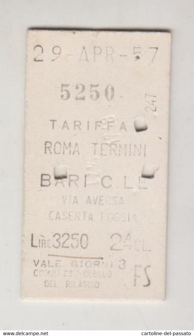 Biglietto Ticket Buillet Ferrovie Dello Stato Roma Termini / Bari 1957 - Europa