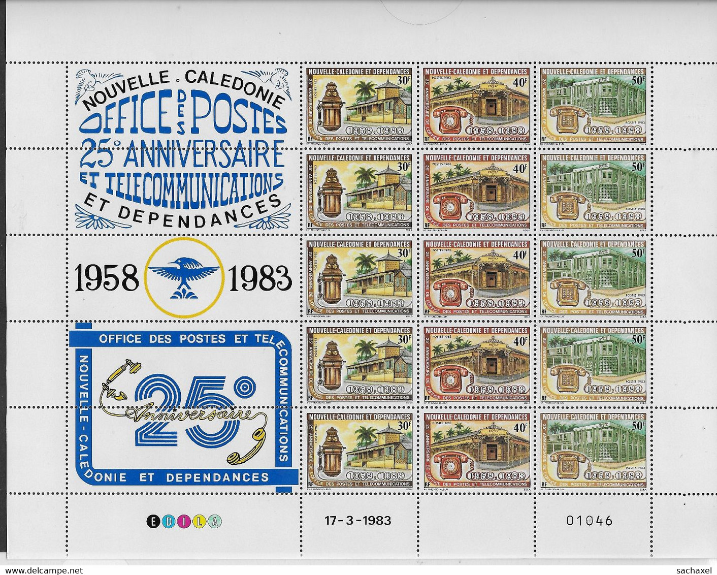 1983 Nouvelle Calédonie N° 474A  Nf** MNH . Feuille Complète Daté 17.3.83. Postes Et Télécommunications. - Unused Stamps