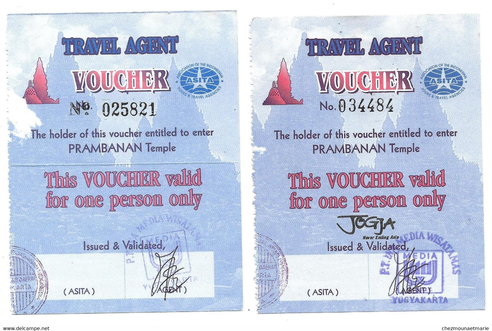 PRAMBANAN TEMPLE TRAVEL AGENT VOUCHER LOT DE 2 TICKETS ENTREE - INDONESIE - Tickets - Vouchers