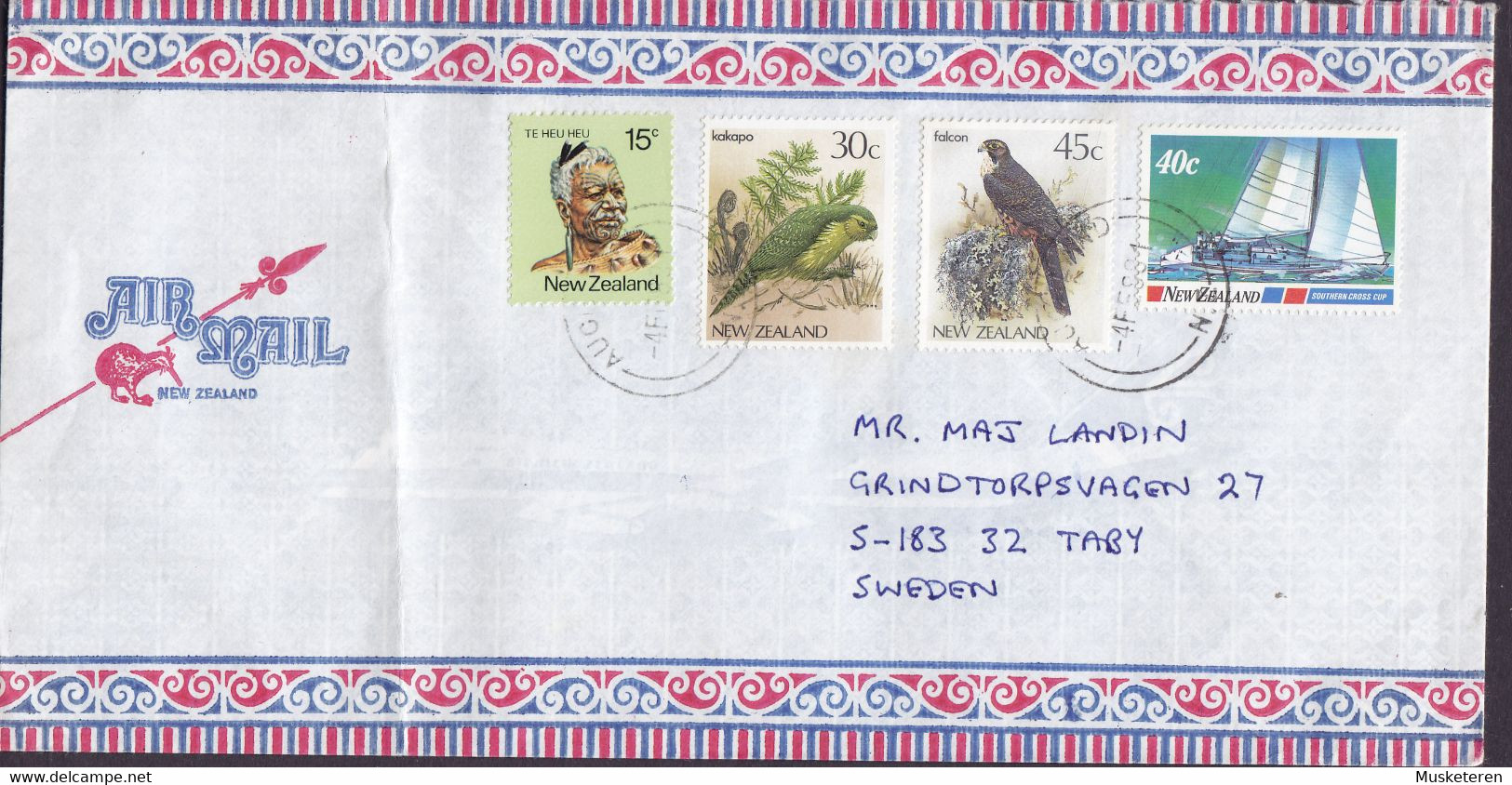 New Zealand Kiwi Cachet AUCKLAND 1988 1978 Cover Brief TABY Sweden Bird Vogel Oiseau Falcon Kakapo Suthern Cross Cup - Covers & Documents