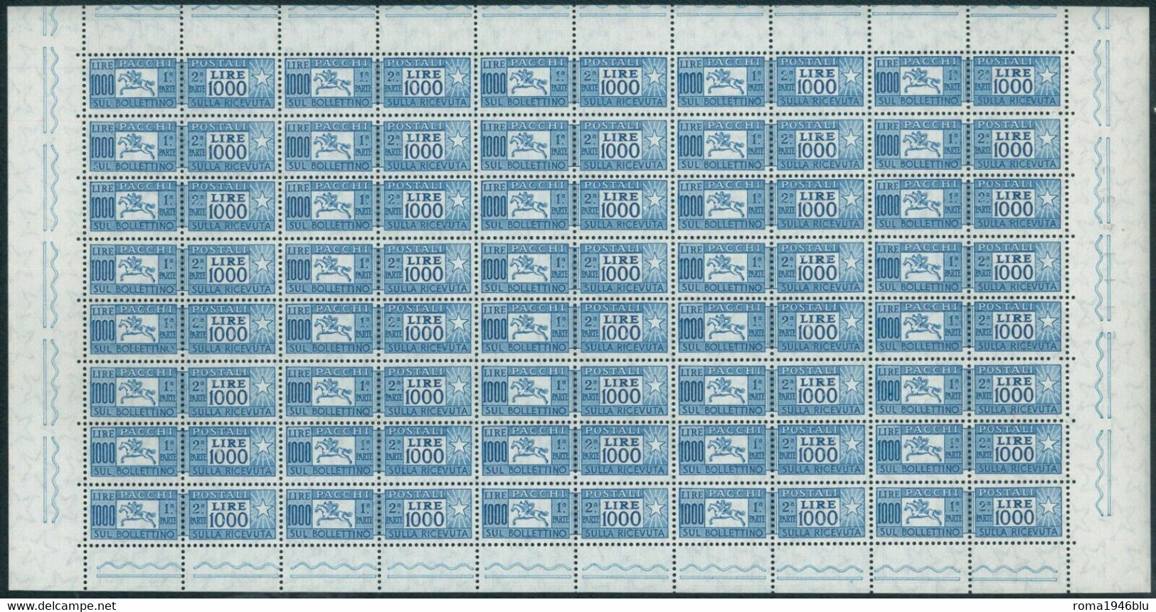 REPUBBLICA 1955 PACCHI POSTALI STELLE 1000 L. FOGLIO INTERO SASS. N.102 40 PEZZI ** MNH - Postpaketten