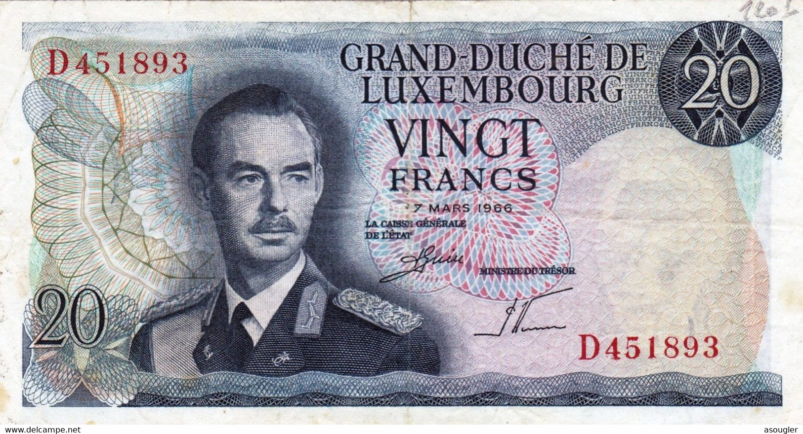LUXEMBOURG 20 Francs 1966 VF P-54a "free Shipping Via Regular Air Mail (buyer Risk) - Luxembourg