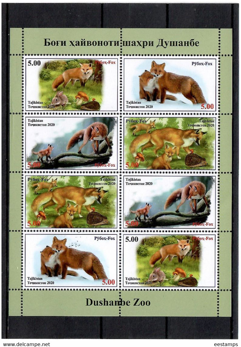 Tajikistan 2020 . Fauna Of Dushanbe Zoo. Foxes, Hare, Hedgehog, Mushrooms . M/S Of 8 - Tadschikistan