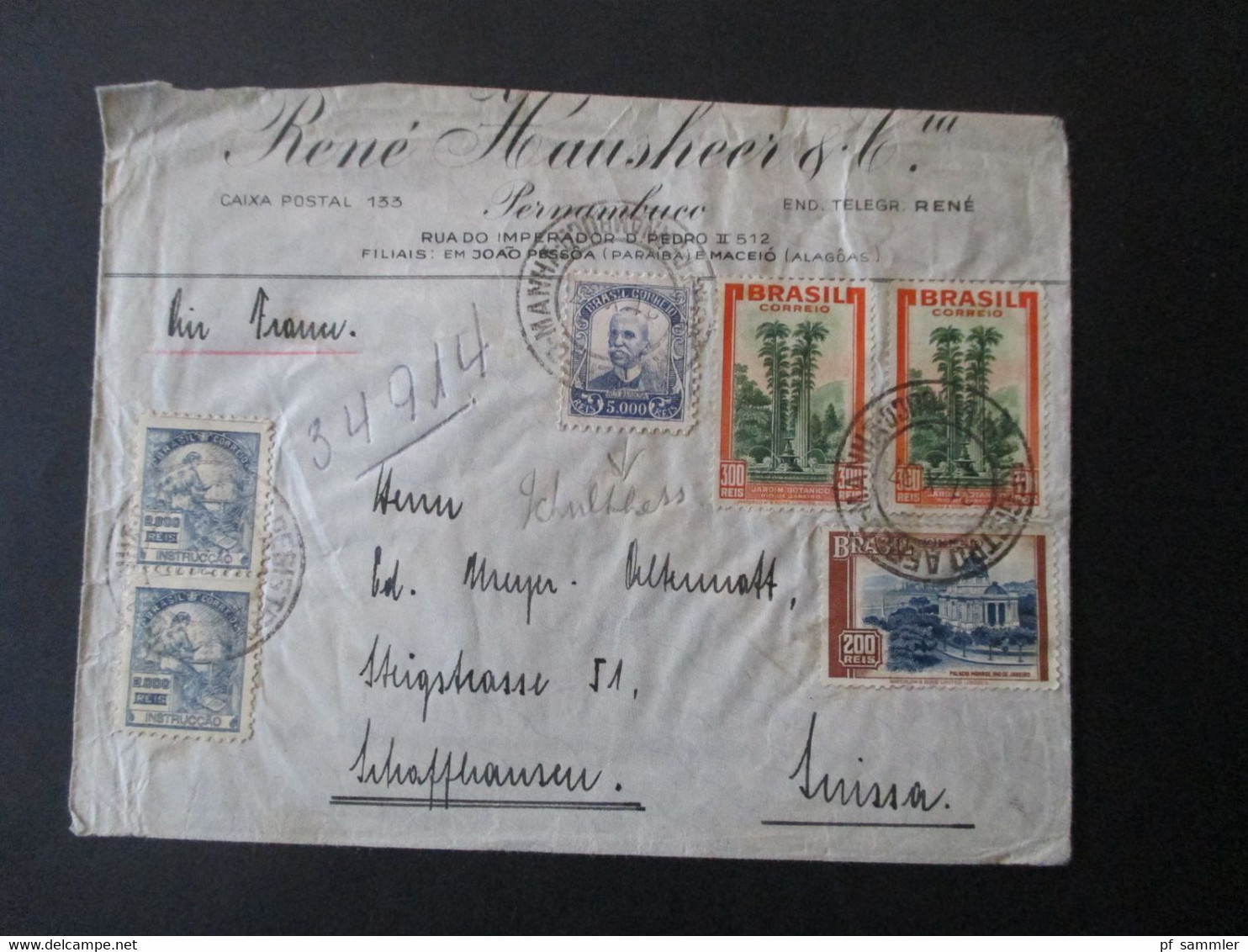 Brasilien 1937 Luftpost In Die Schweiz MiF Mit Fremdenverkehr Landschaften Umschlag Rene Hausheer Pernambuco - Cartas & Documentos