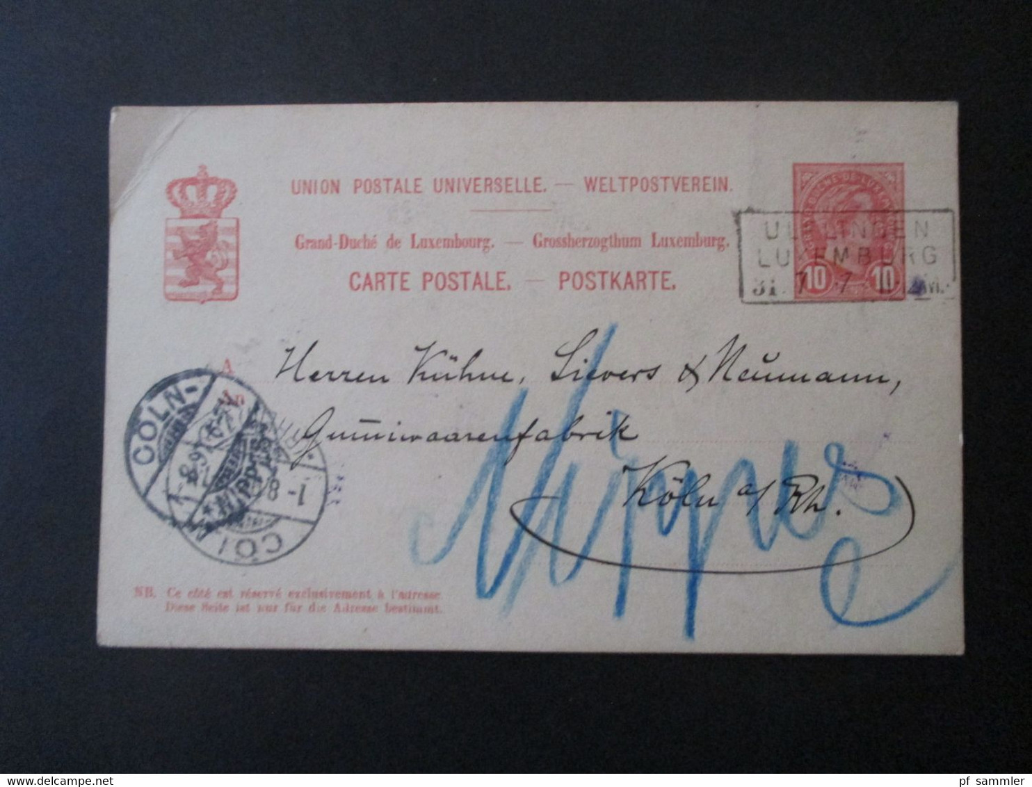 Luxemburg 1897 Ganzsache Weltpostverein Stempel Ra3 Ulflingen Luxemburg Nach Köln Gesendet U. Weitergeleitet Nach Nippes - Postwaardestukken