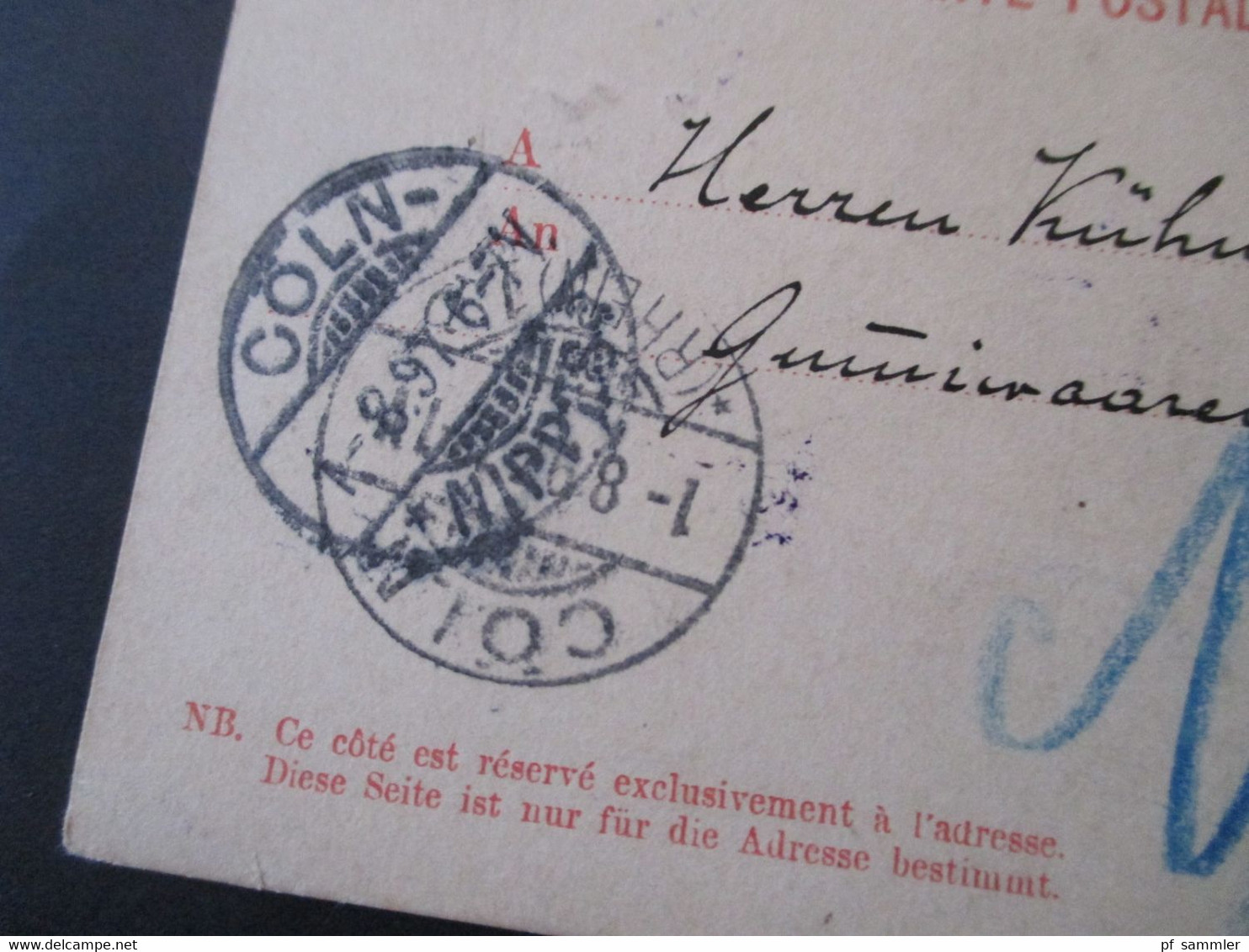 Luxemburg 1897 Ganzsache Weltpostverein Stempel Ra3 Ulflingen Luxemburg Nach Köln Gesendet U. Weitergeleitet Nach Nippes - Enteros Postales