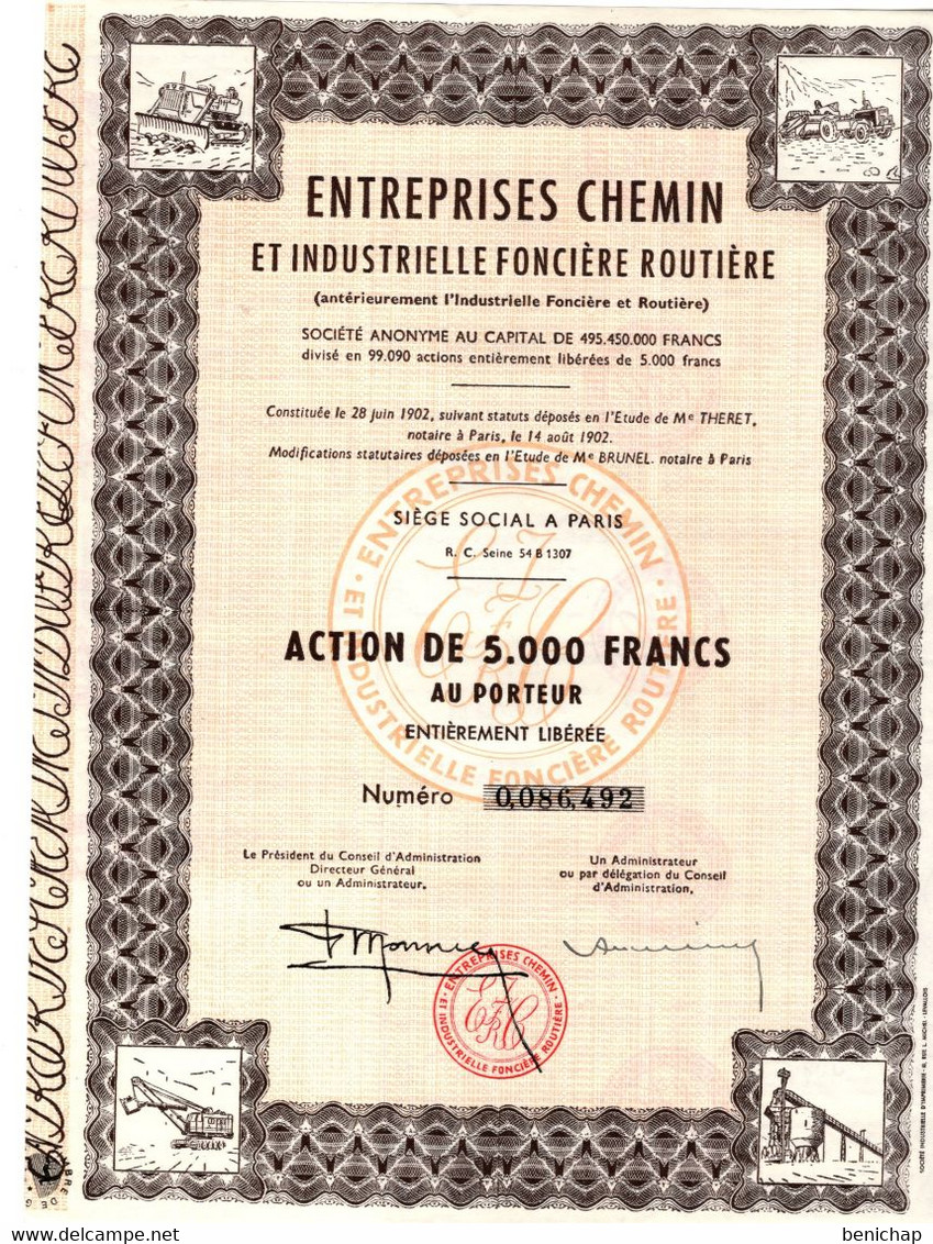 Action De 5000 Frcs Au Porteur - Entreprises CHEMIN Et Industrielle Foncière Routière - Paris 1902. - Industry
