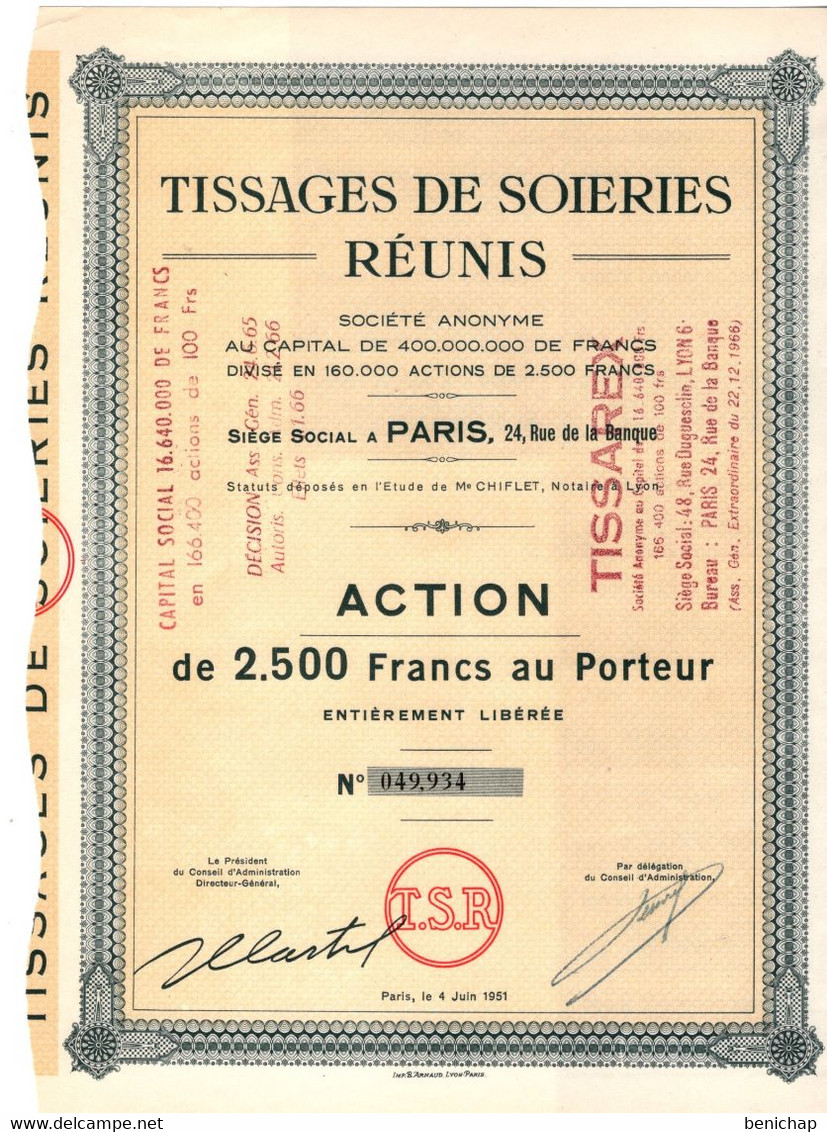 Action De 2500 Frcs Au Porteur - Tissages De Soieries Réunis - Paris 1951. - Tessili