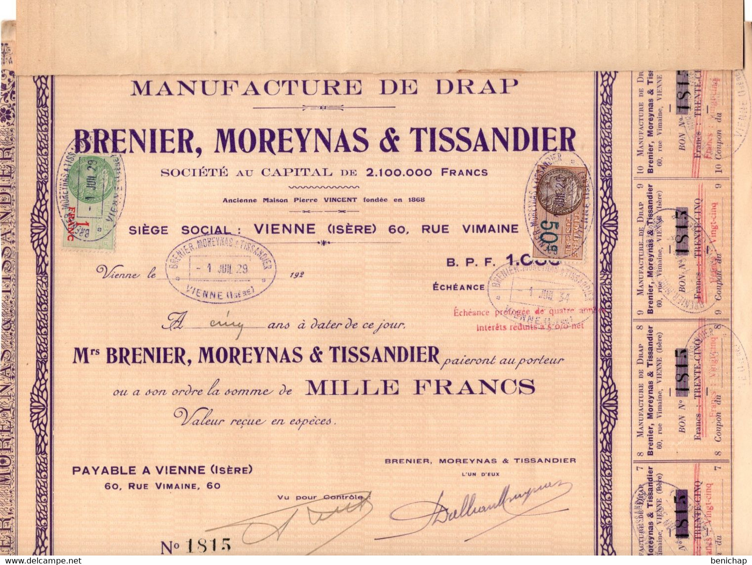 Action De 1000 Frcs Au Porteur - Manufacture De Drap - Brenier, Moreynas & Tissandier - Vienne - Isère - 1929. - Textiles